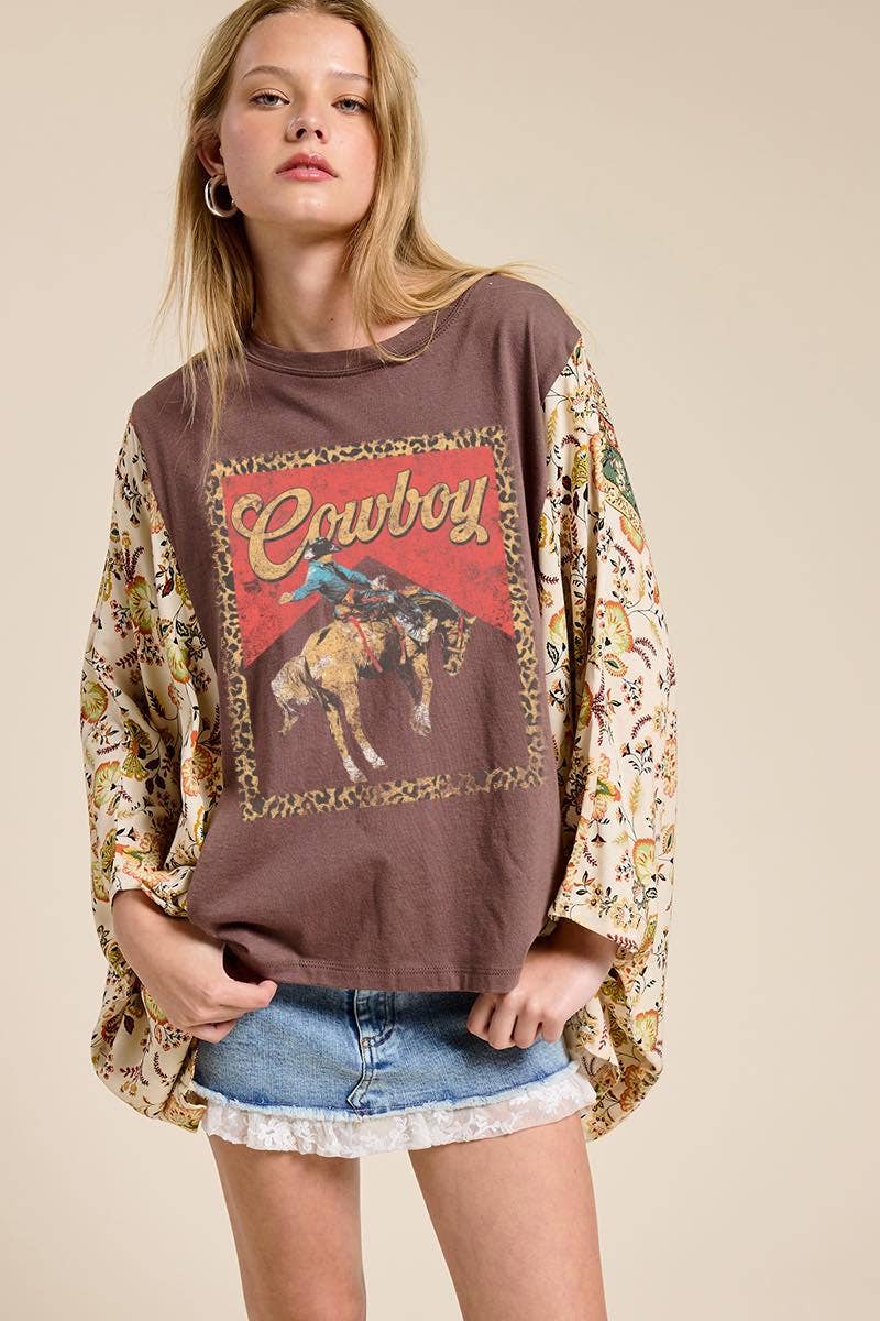 Western Cowboy Leopard Graphic Rustic Sheer Sleeves Kaftan