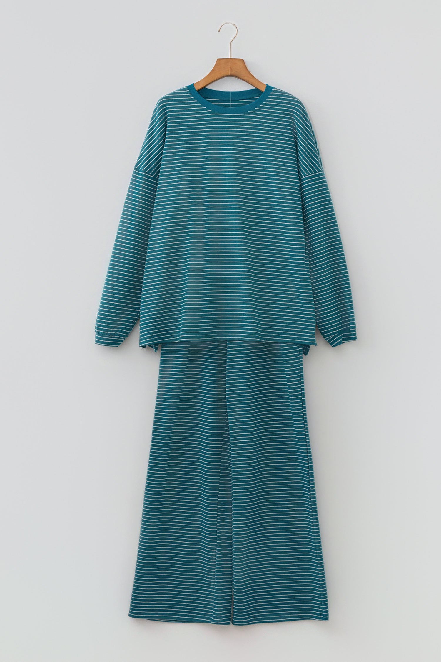 Green Stripe Dropped Shoulder Long Sleeve Top Elastic Waist Pants Casual 2pcs Set