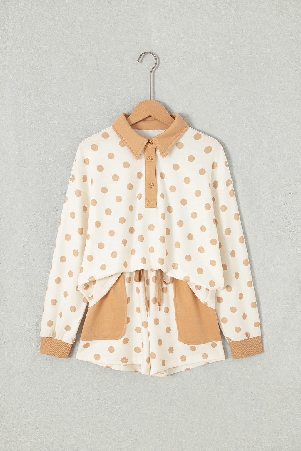 Sky Blue Polka Dot Drop Shoulder Polo Loose Pullover Patch Pocket Casual Shorts Set