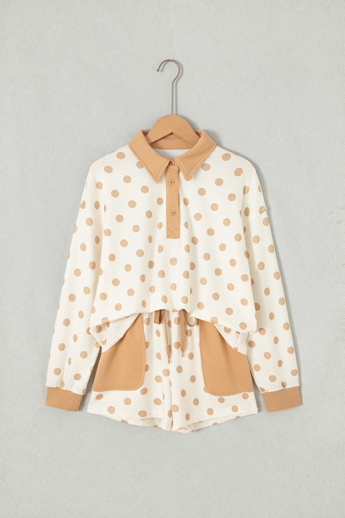 Sky Blue Polka Dot Drop Shoulder Polo Loose Pullover Patch Pocket Casual Shorts Set