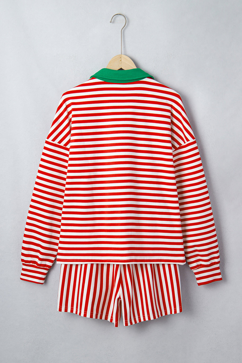 Red Stripe Colorblock Trim Polo Collar Drawstring Elastic Waist Band Casual 2pcs Outfit