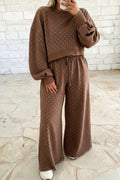 Brown Polka Dot Round Neck Long Sleeve Plus Size Set