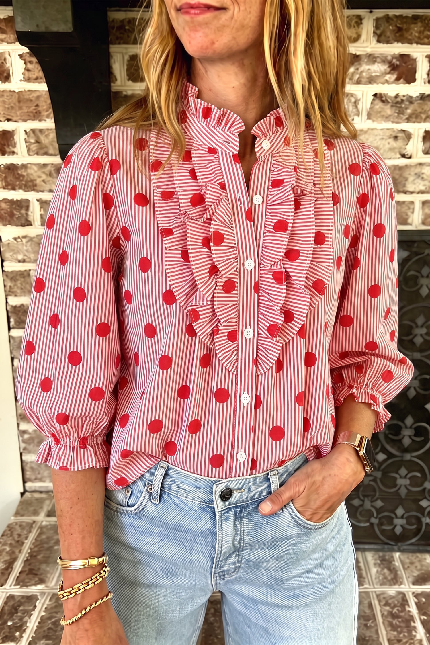 Sky Blue Polka Dot Print Ruffle Stand Neck 3/4 Sleeve Shift Shirt