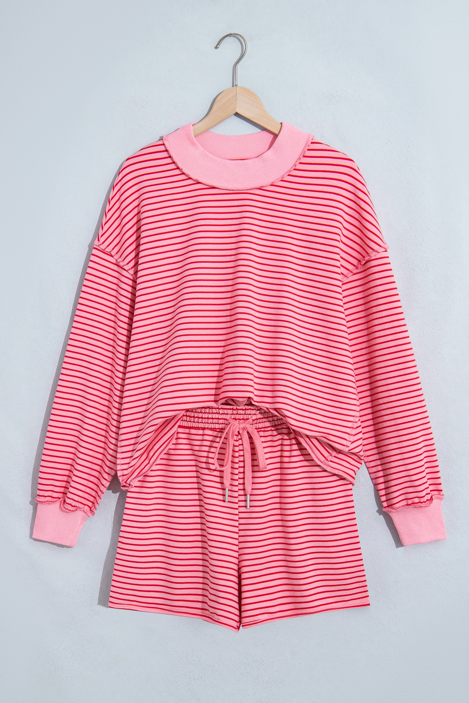 Pink Stripe Ribbed Patchwork Mock Neck Baggy Pullover Matching Shorts Set