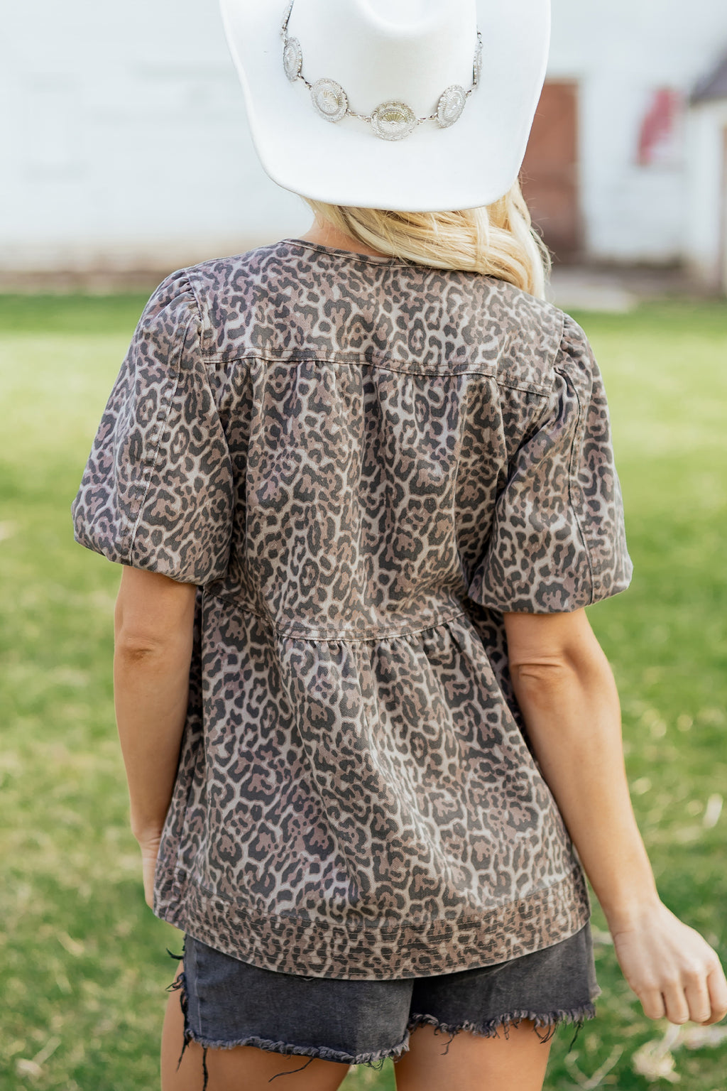 Brown Leopard Tie Neck Short Puff Sleeve Denim Babydoll Top