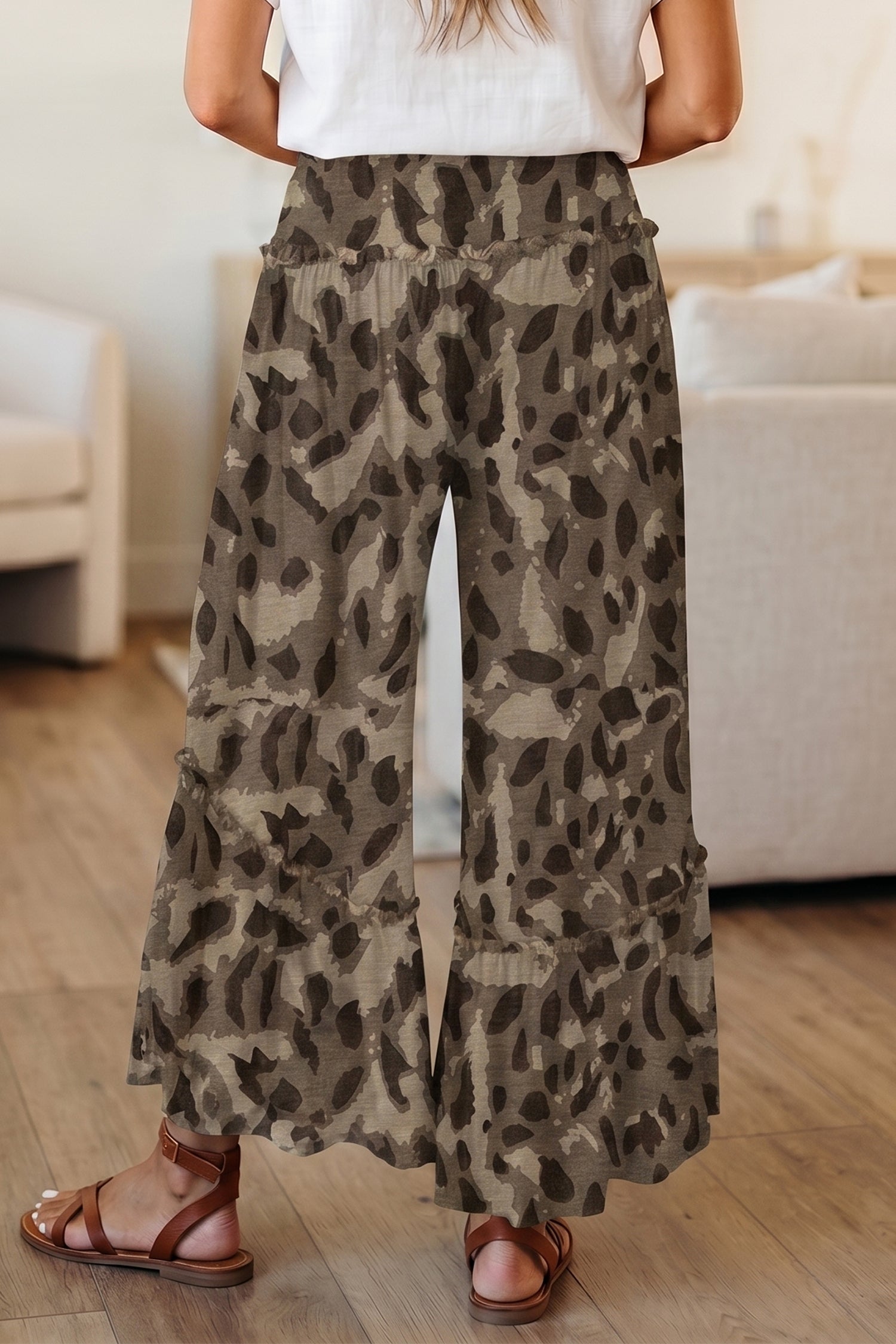 Beige Camo Print Wide Leg Casual Pants