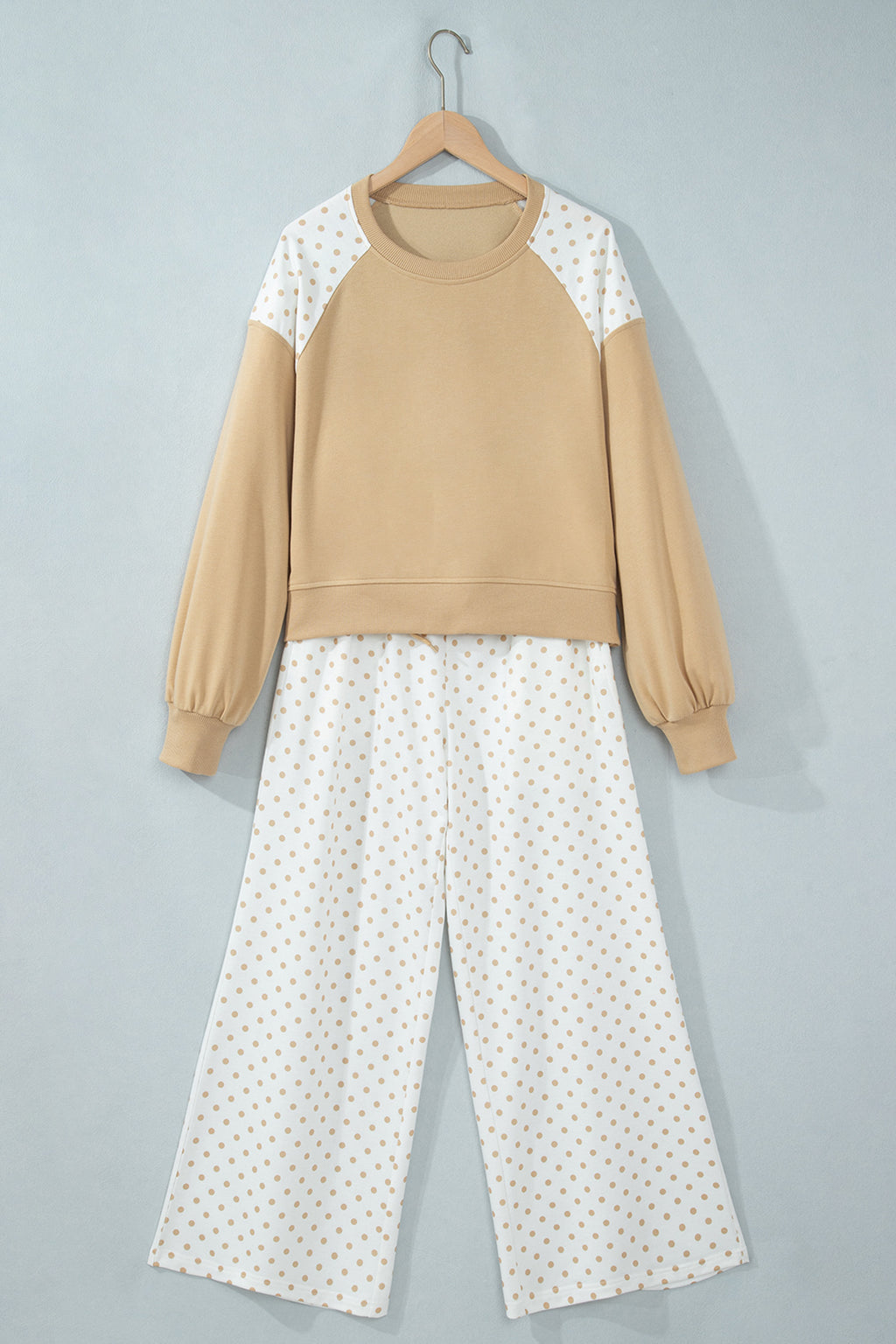 Light Blue Polka Dot Patchwork Colorblock Long Sleeve Casual Two Piece Pants Set