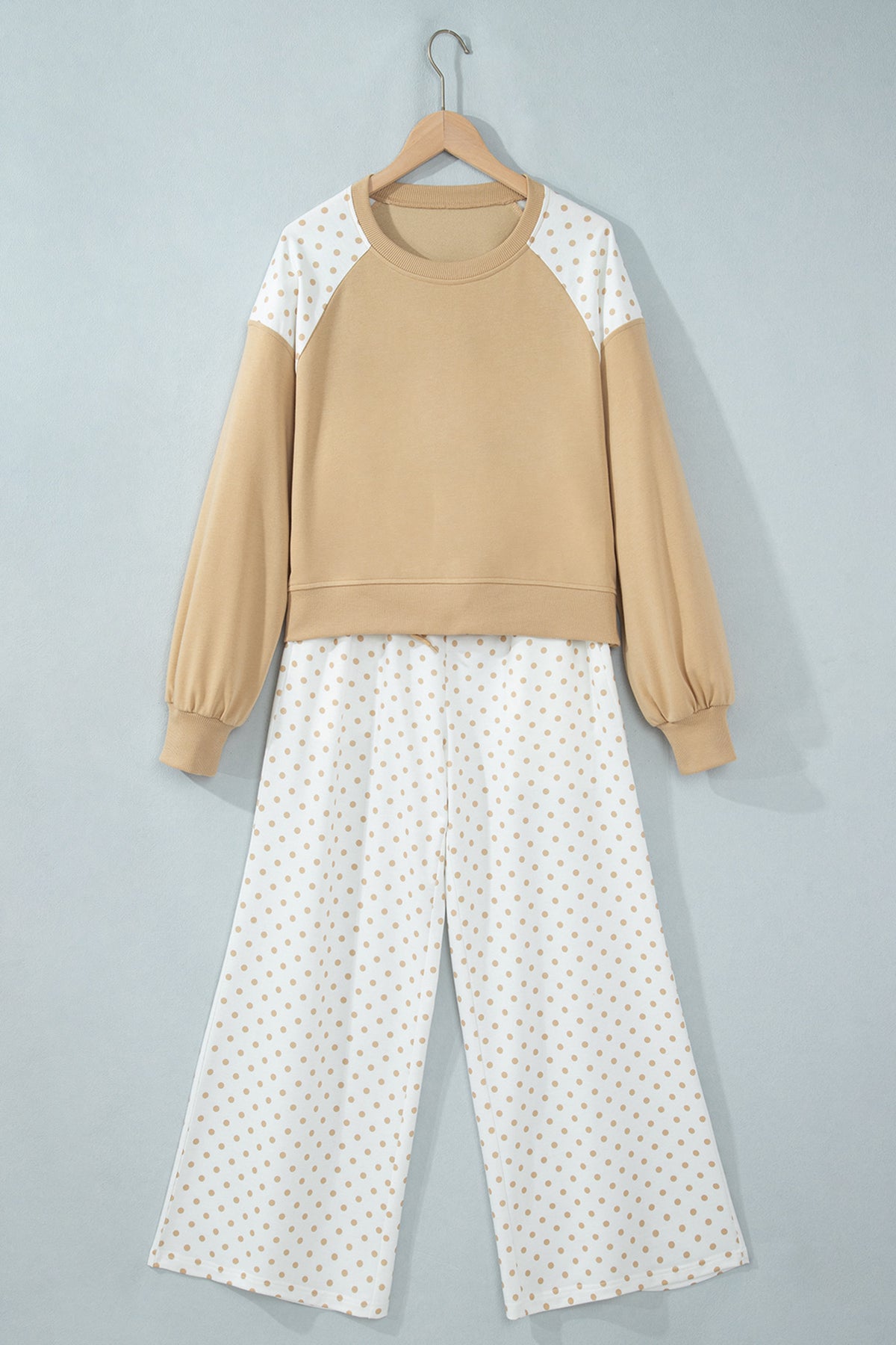 Light Blue Polka Dot Patchwork Colorblock Long Sleeve Casual Two Piece Pants Set