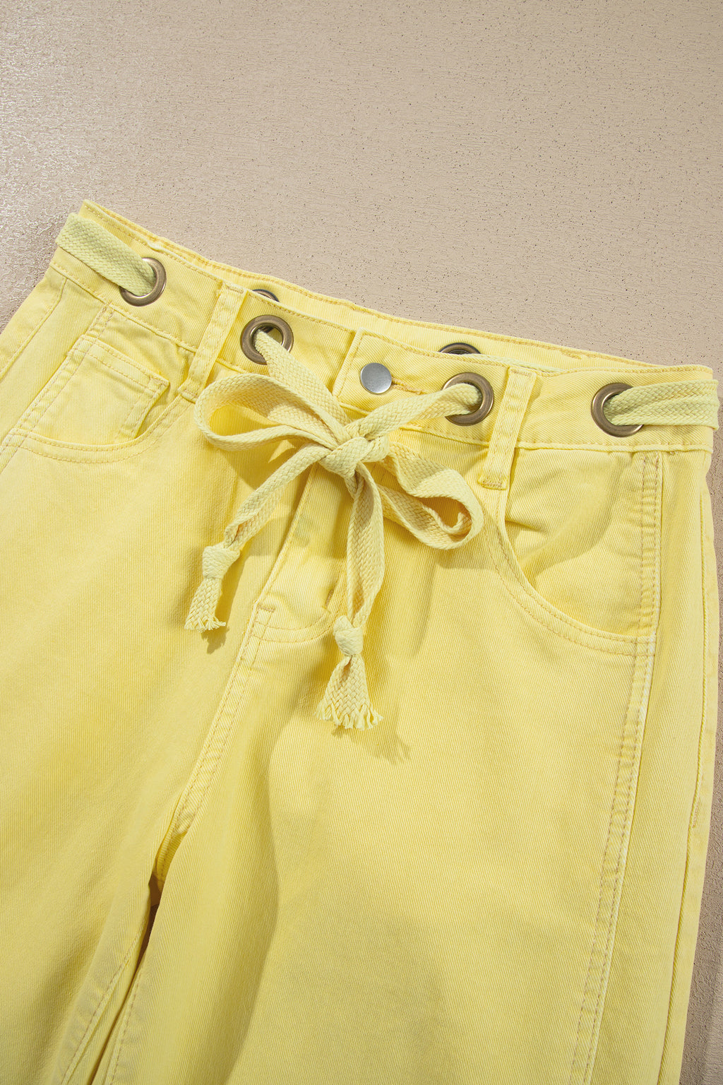 Light Pink Solid Color Grommet Detail Knot Waist Barrel Jeans