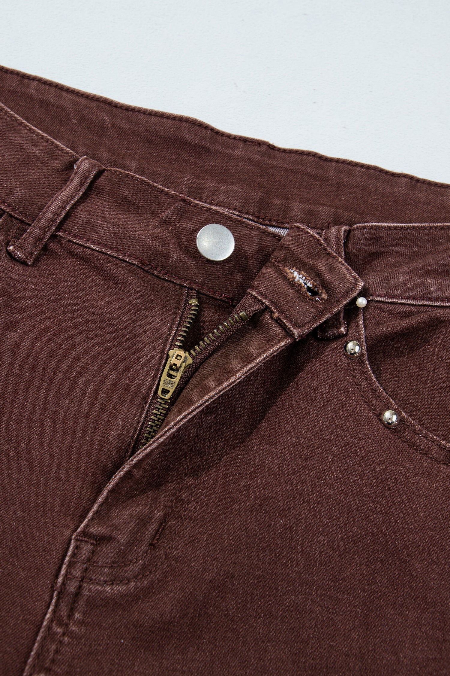 Coffee Side Seam Rivet Detail Ankle Length Casual Jeans