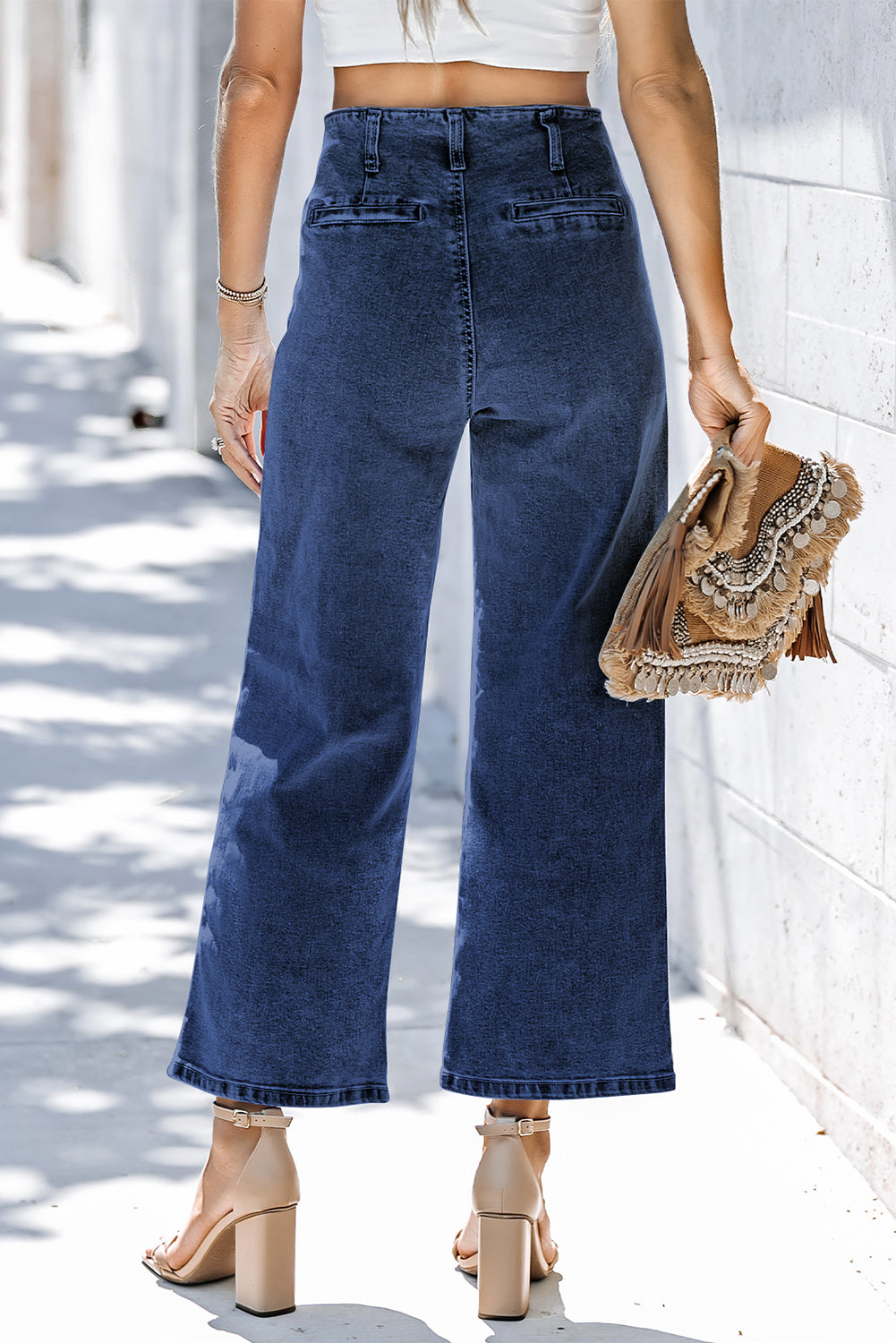 Sail Blue High Waist Button Front Wide Leg Cropped Jeans