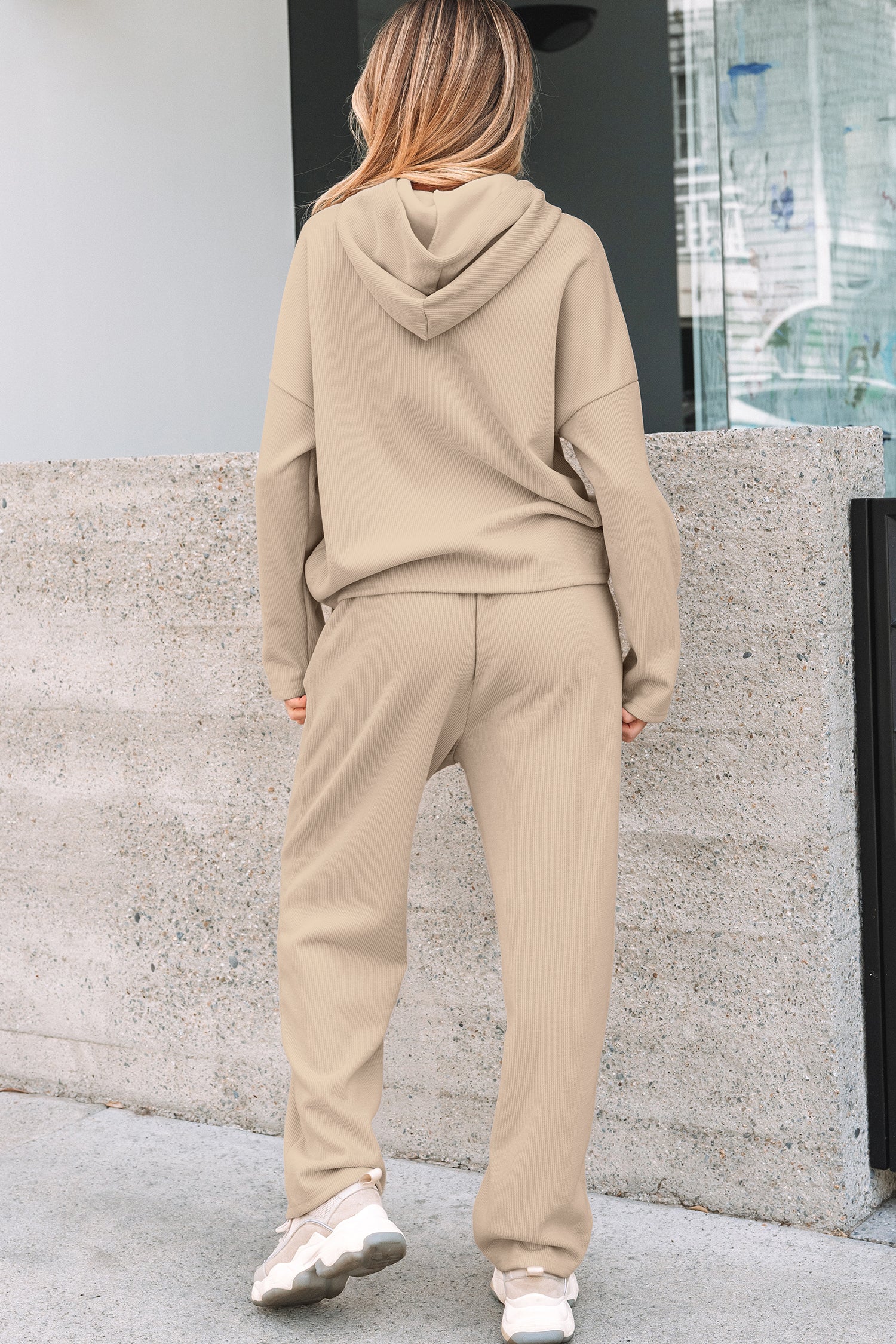 Parchment Leopard Drawstring Pullover Hoodie and High Waist Pants Corduroy Suit