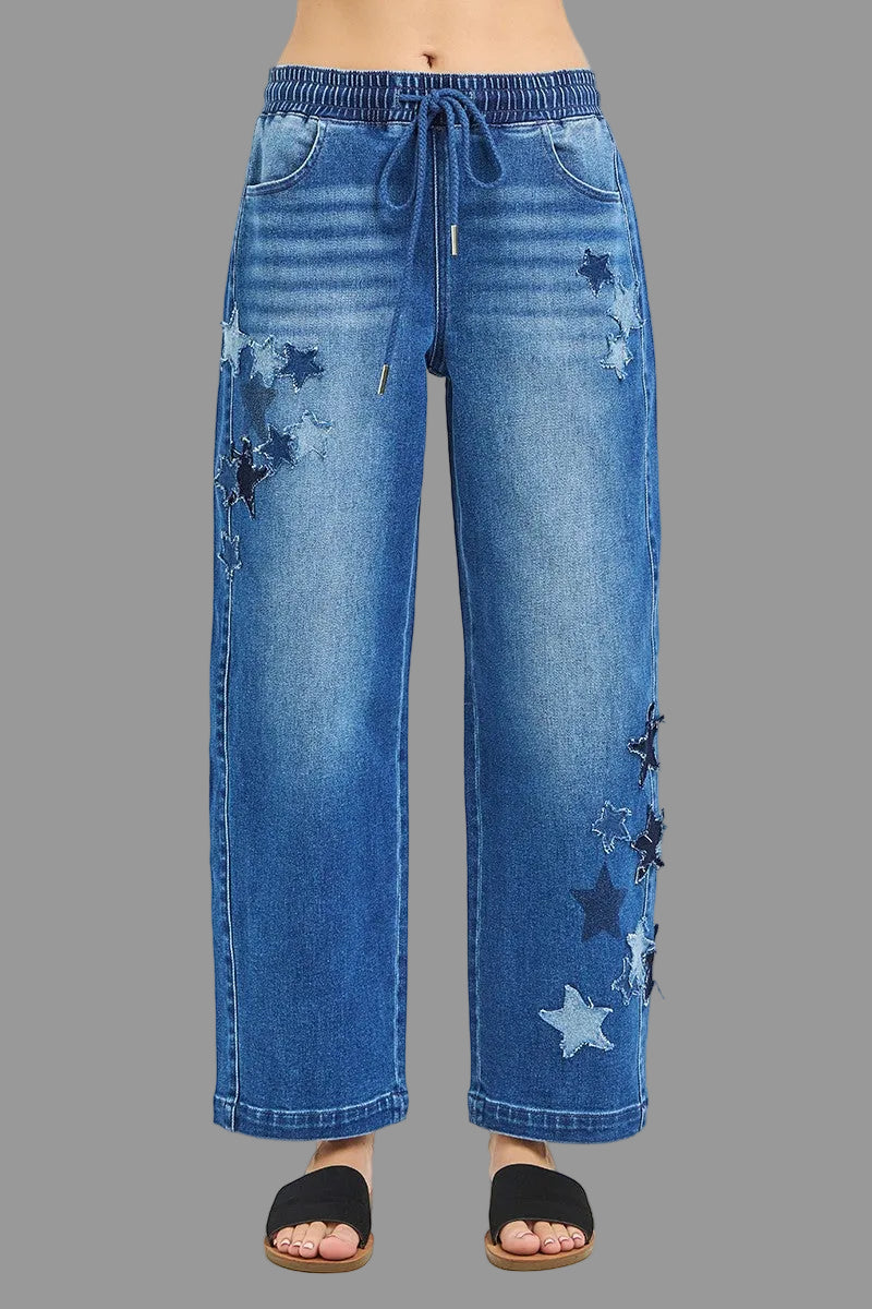 RISEN Elastic Band Slouchy Cropped Barrel with Star Patch