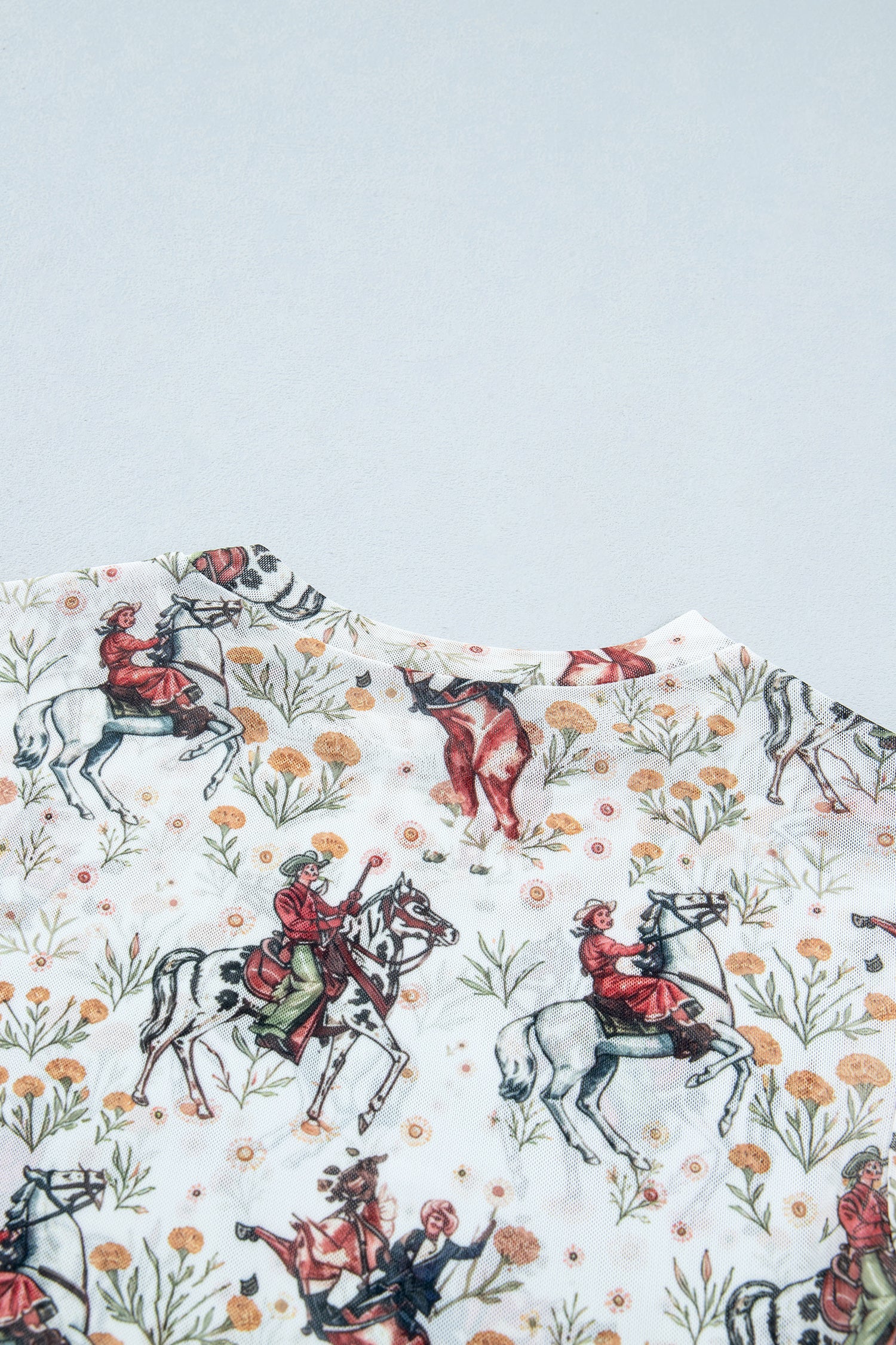 Beige Western Cowboy Floral Print Sheer Mesh Long Sleeve Top