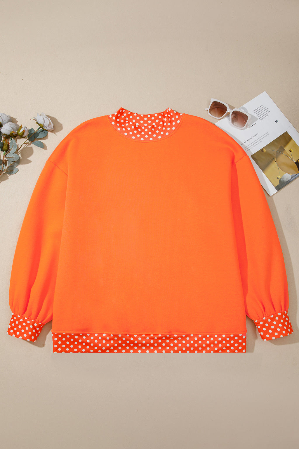 Orange Polka Dot Patchwork Round Neck Plus Size Sweatshirt