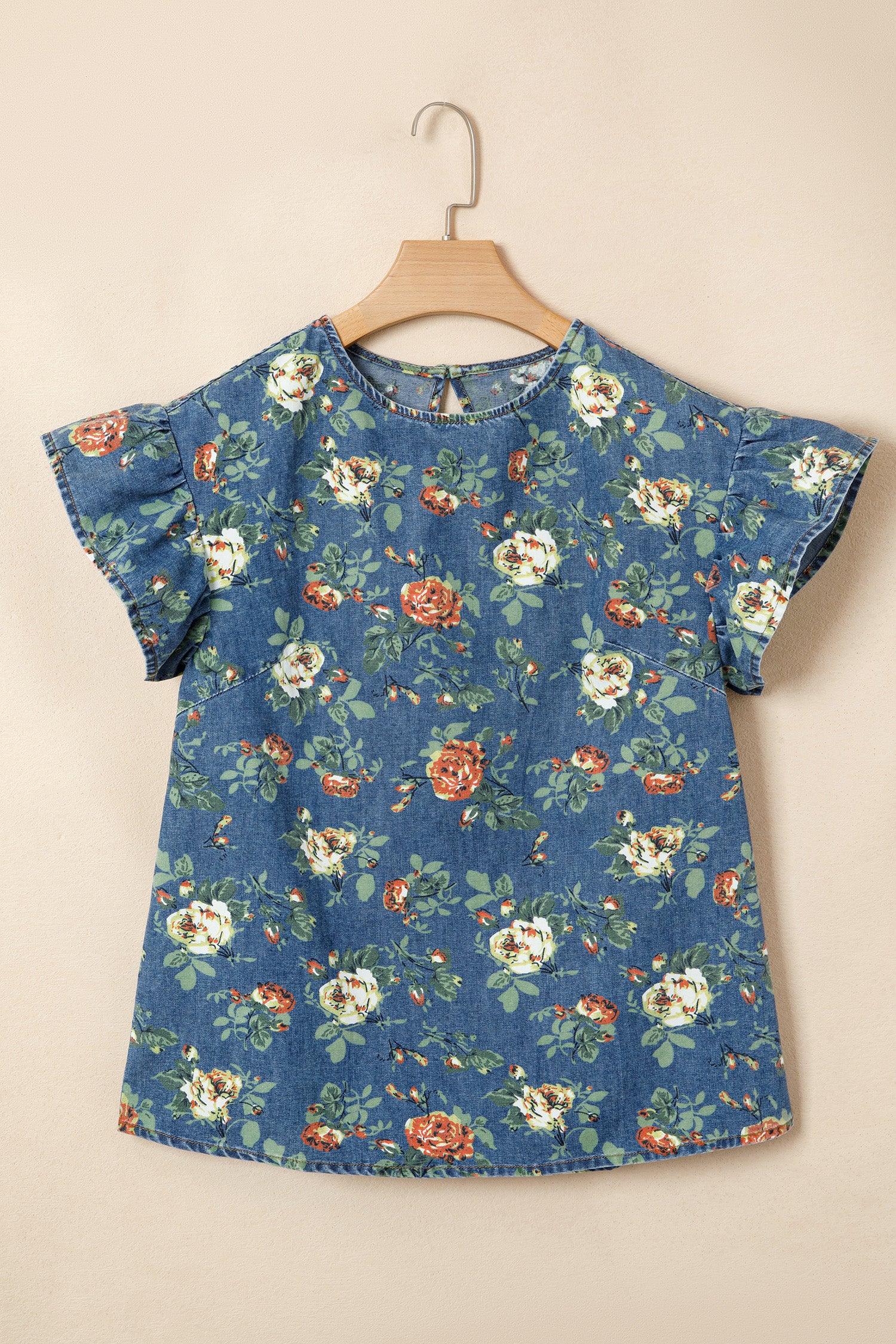 Ashleigh Blue Ruffled Short Sleeve Floral Denim Top