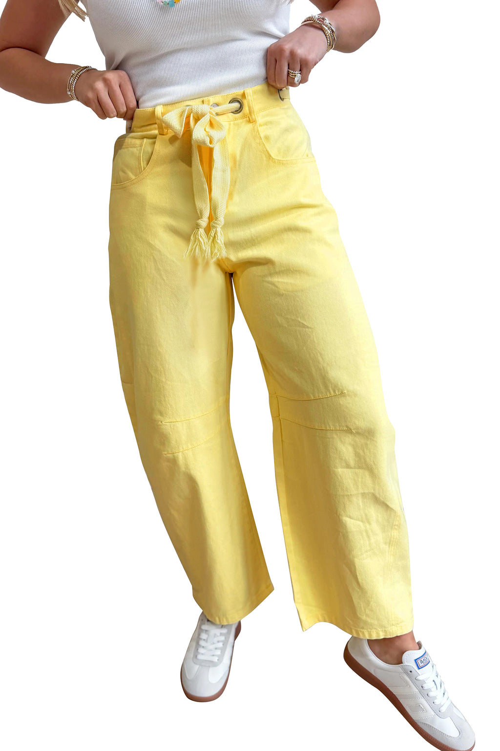 Light Pink Solid Color Grommet Detail Knot Waist Barrel Jeans