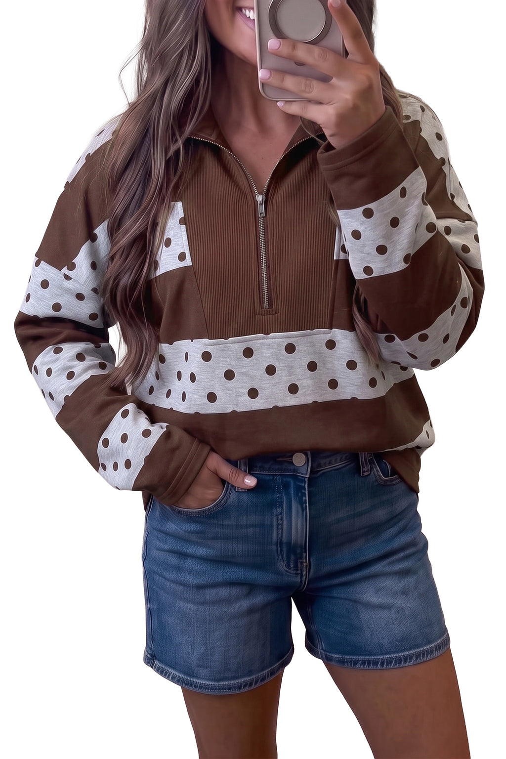Pink Stripe Patchwork Polka Dot Accent Quarter Zip Long Sleeve Top