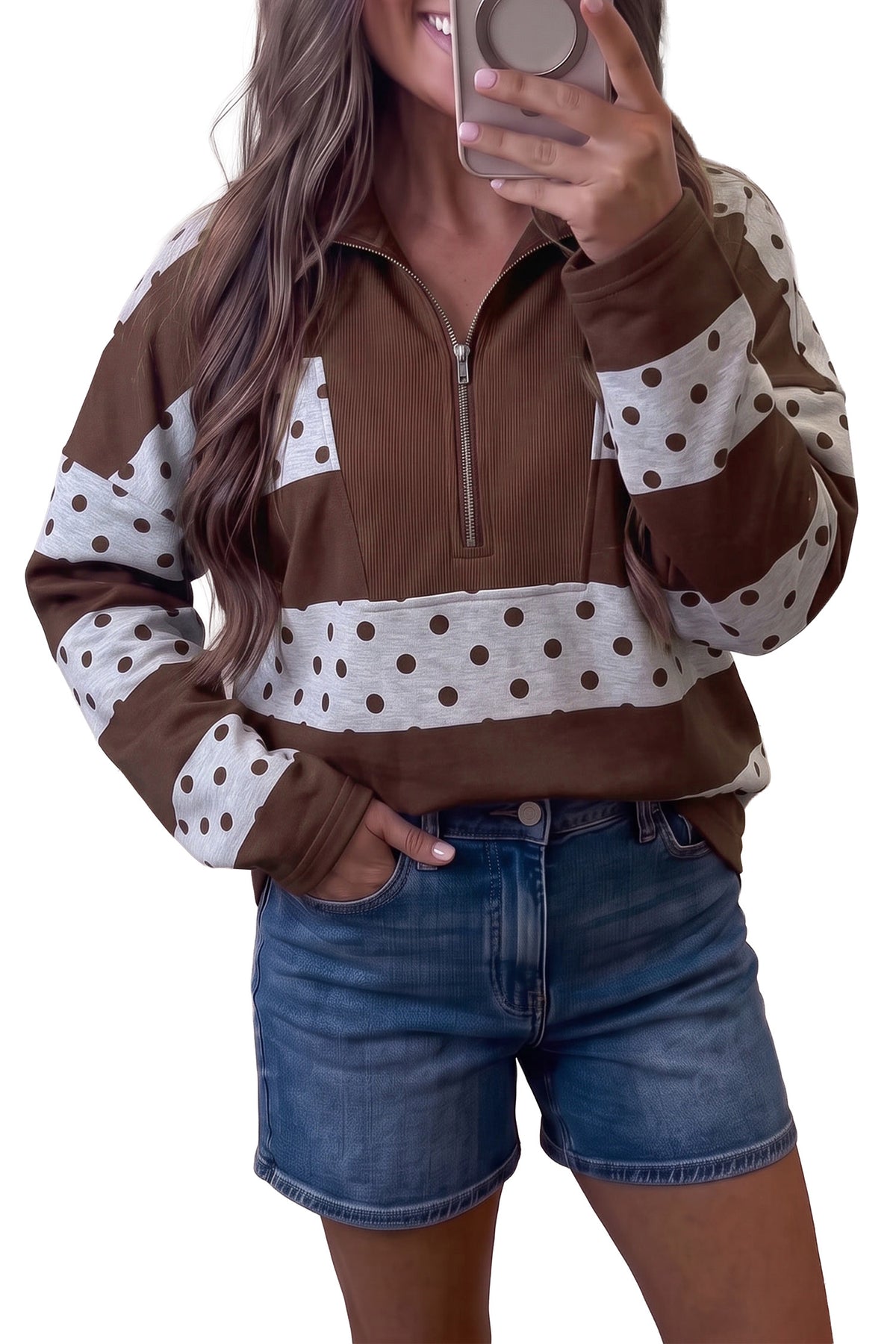 Pink Stripe Patchwork Polka Dot Accent Quarter Zip Long Sleeve Top