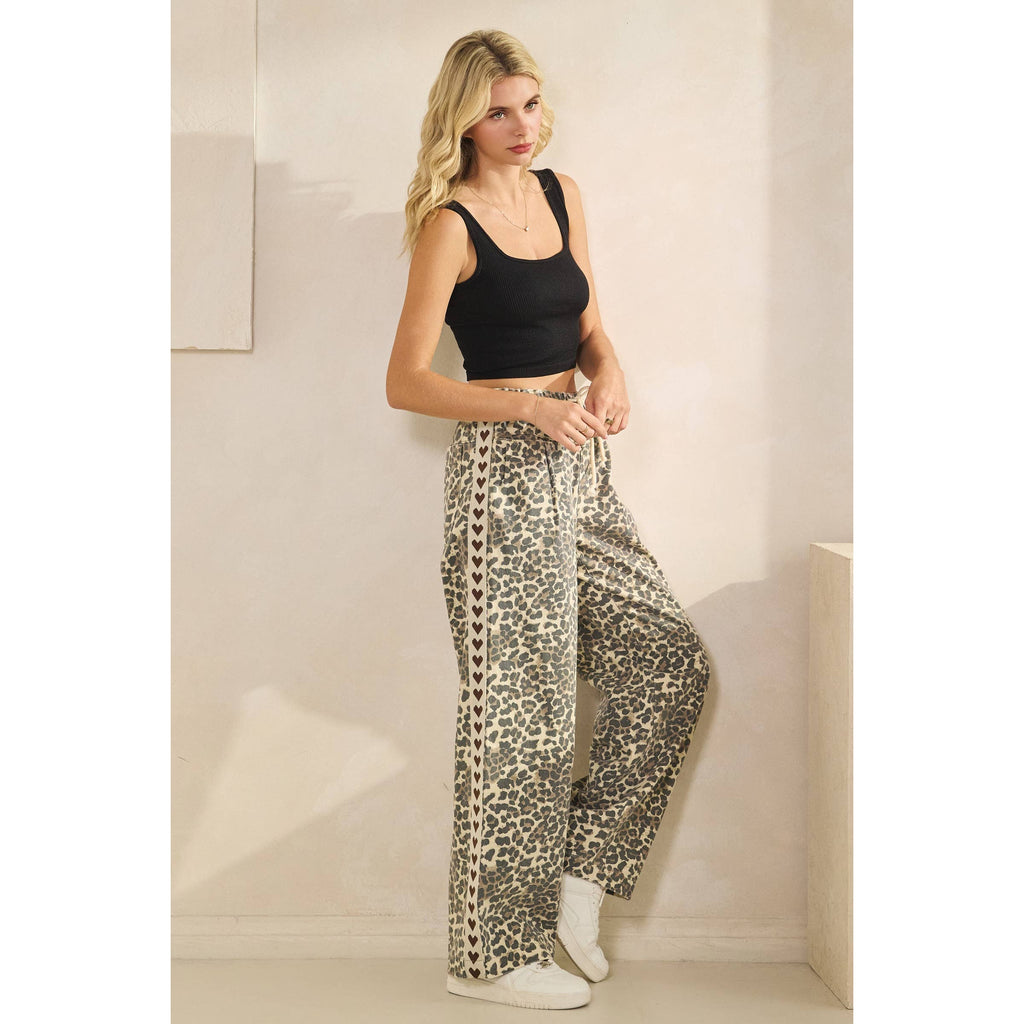 Leopard Printed Striped Wide Legged Pants