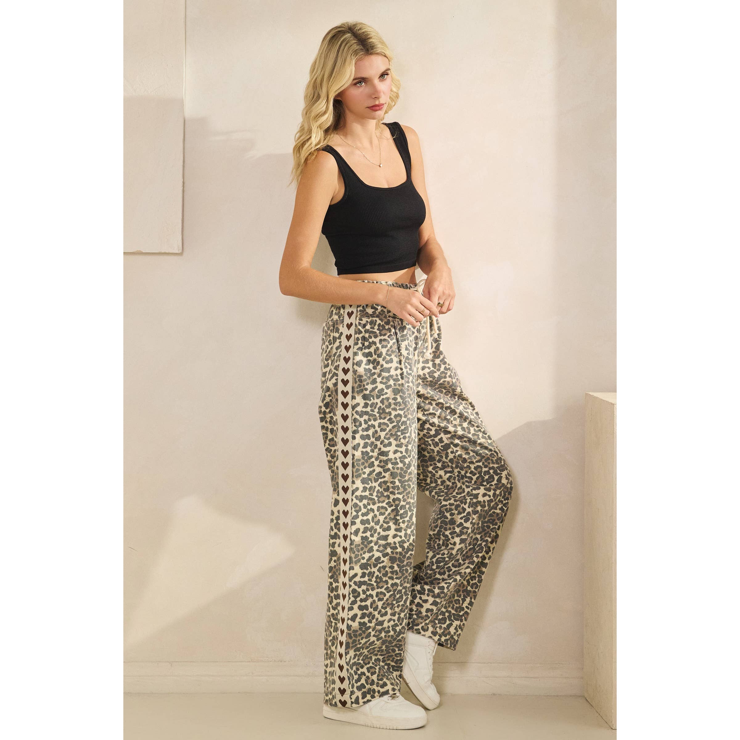 Leopard Printed Striped Wide Legged Pants