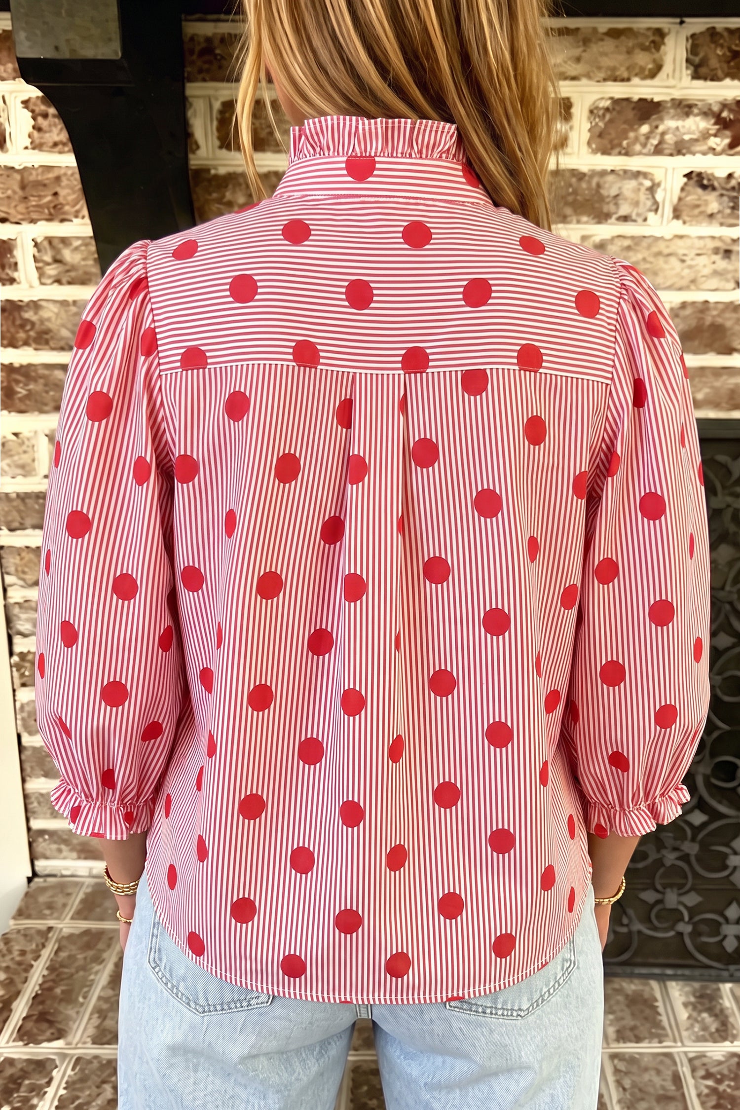 Sky Blue Polka Dot Print Ruffle Stand Neck 3/4 Sleeve Shift Shirt