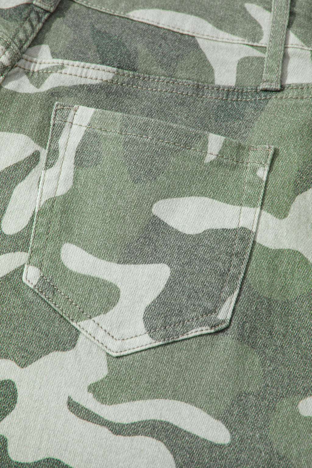 Green Camo Print Button Fly Straight Leg Ankle Length Jeans