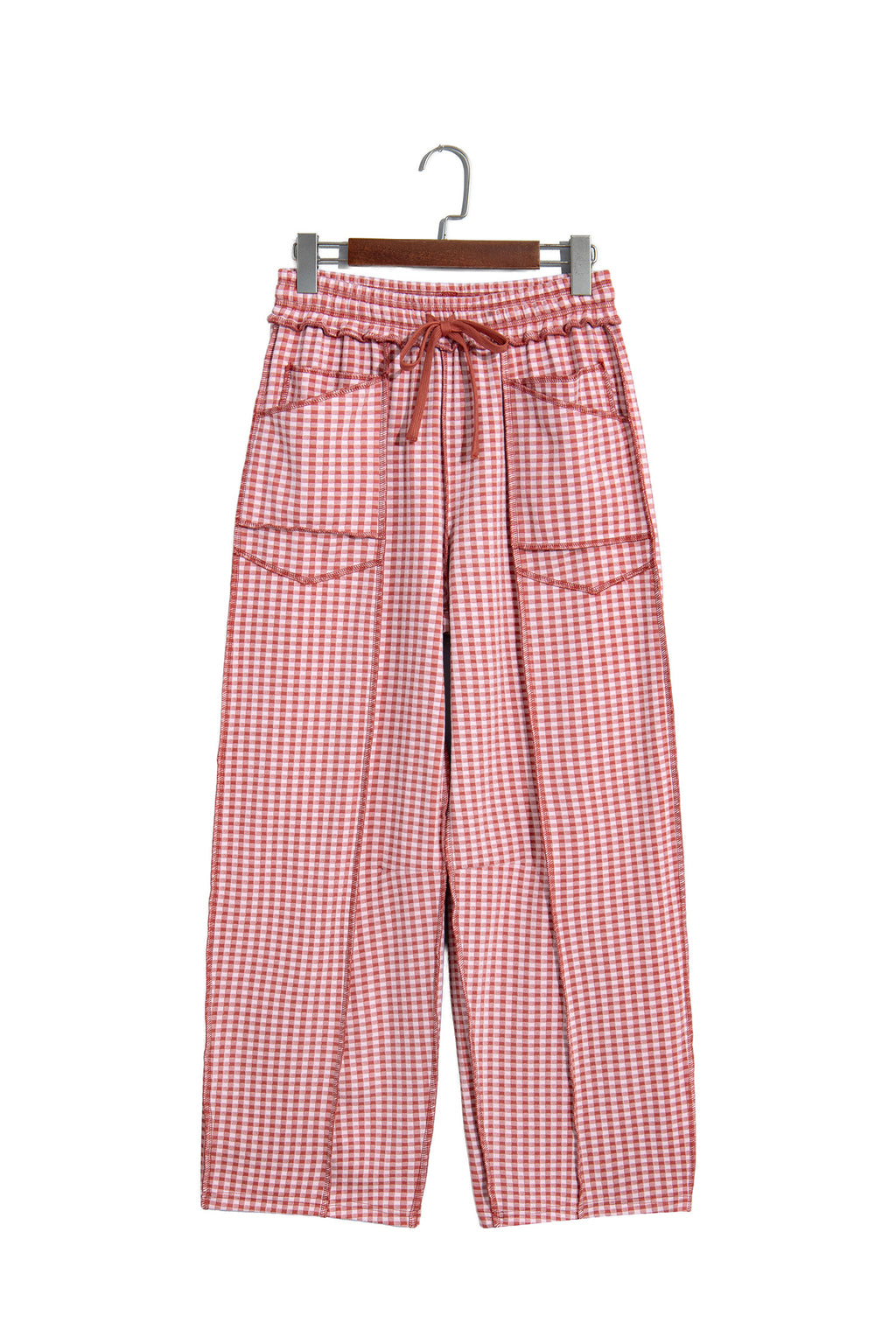 Red Plaid Contrast Trim Drawstring Elastic Waist Shift Pants