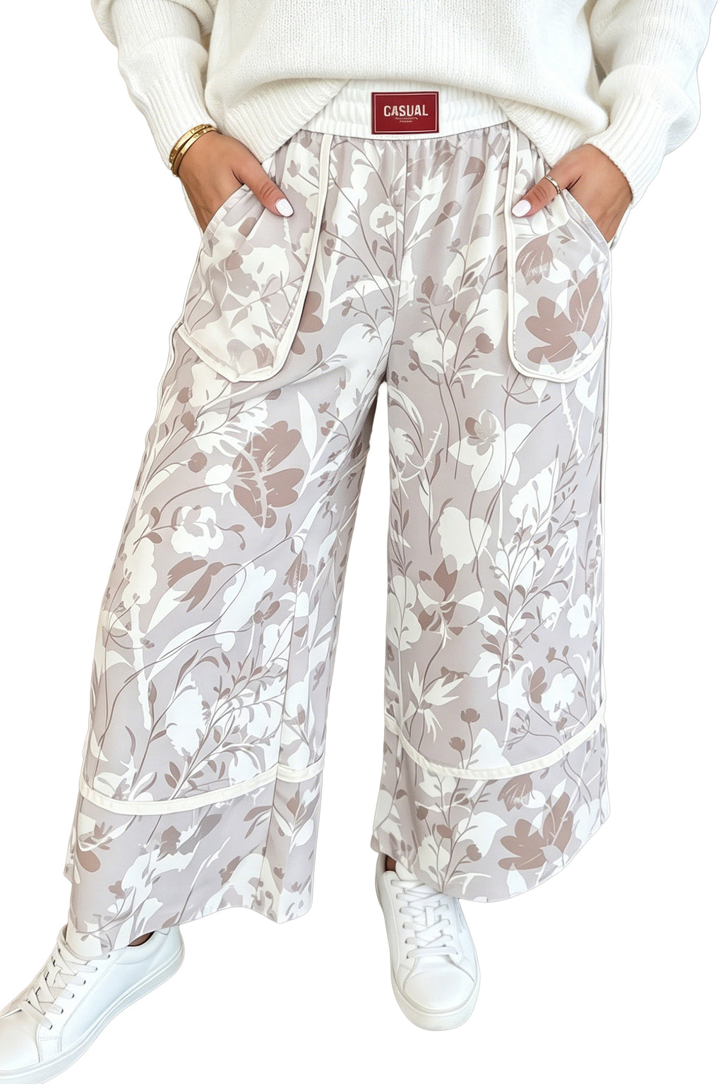Gray Floral Camo Print Contrast Trim Plus Size Loose Pants