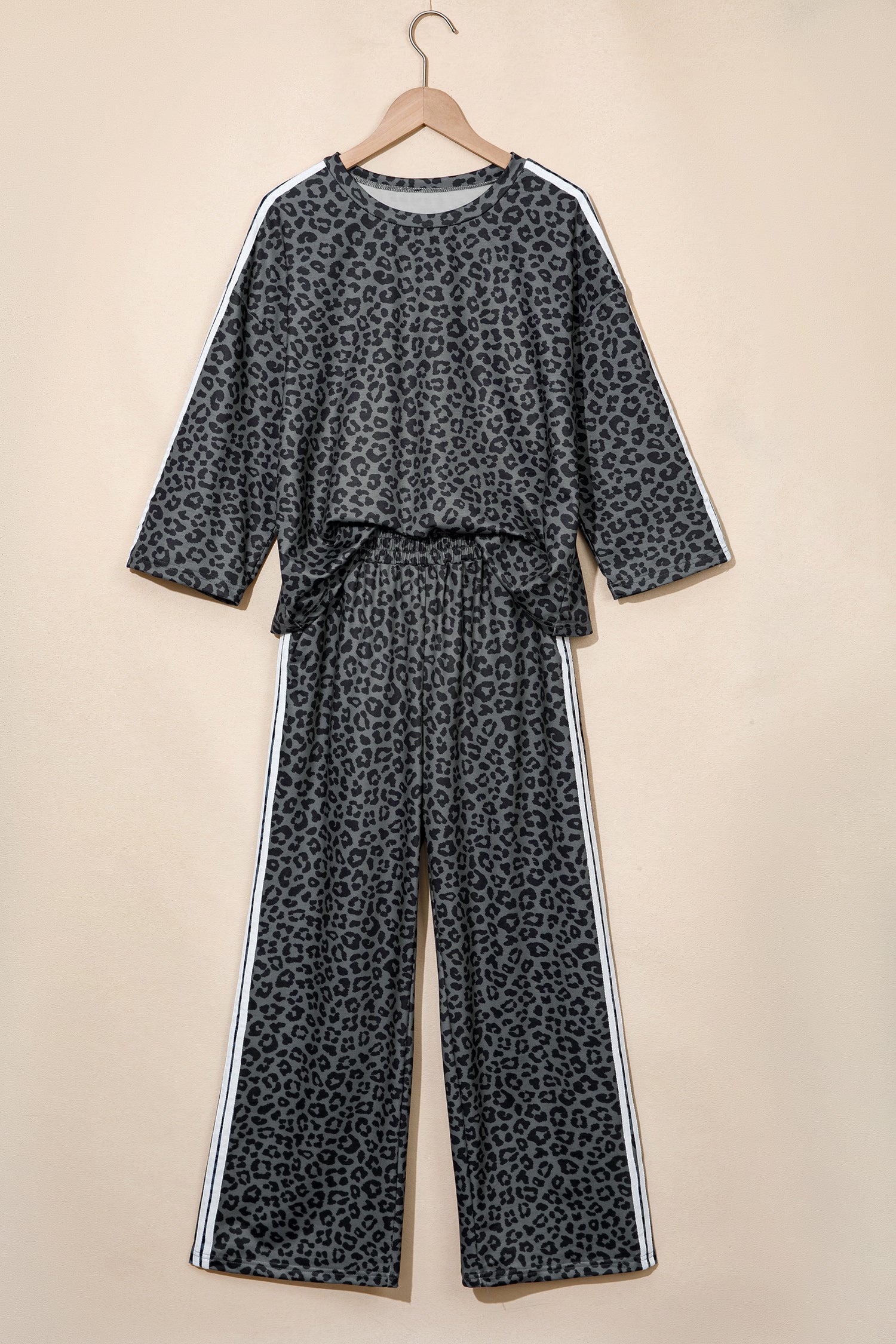 Gray Leopard Print Varsity Striped Detail 3/4 Sleeve Top Shift Pant Set