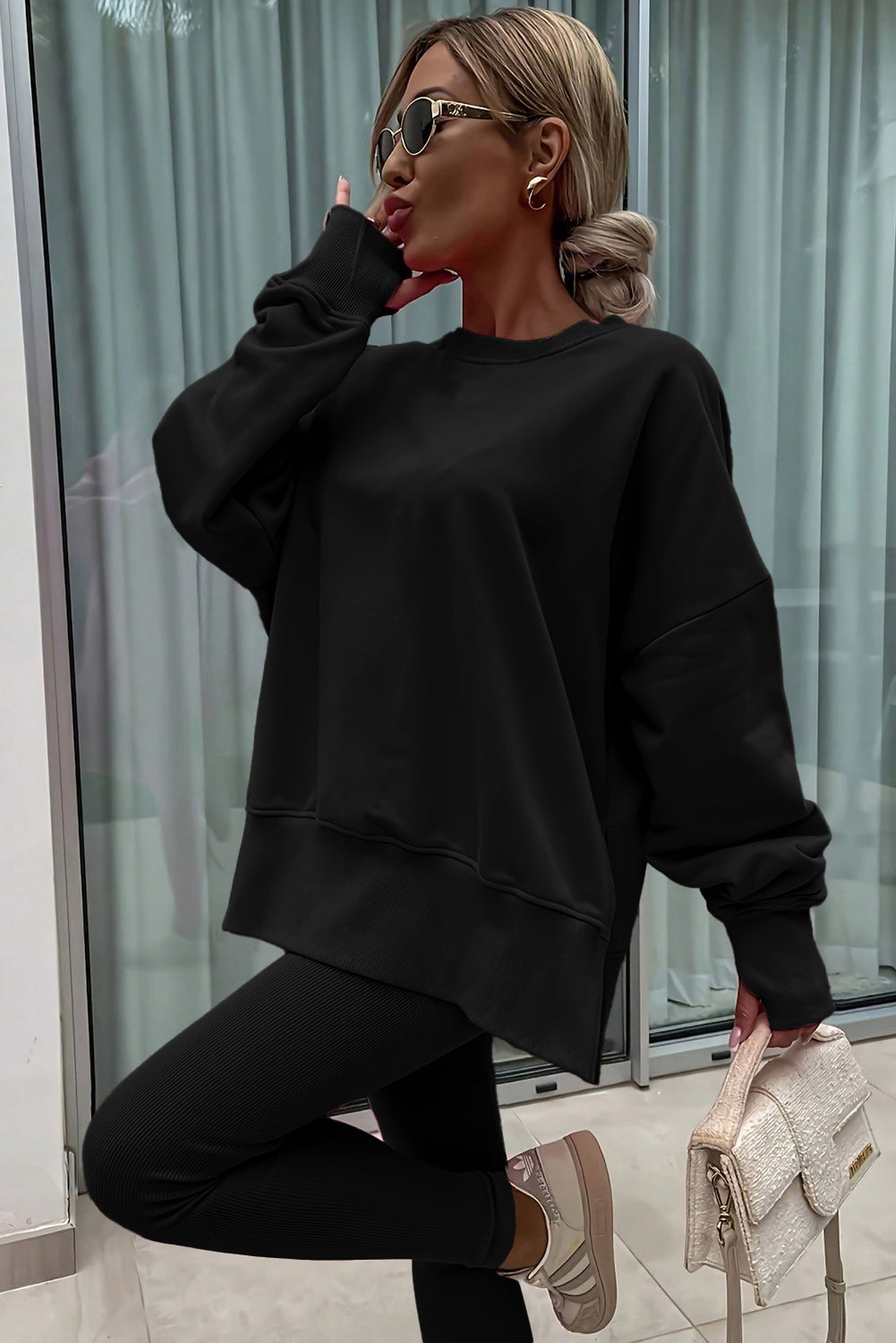 Jet Stream Solid Color Oversize Slit Sweatshirt Ribbed Leggings 2pcs Set