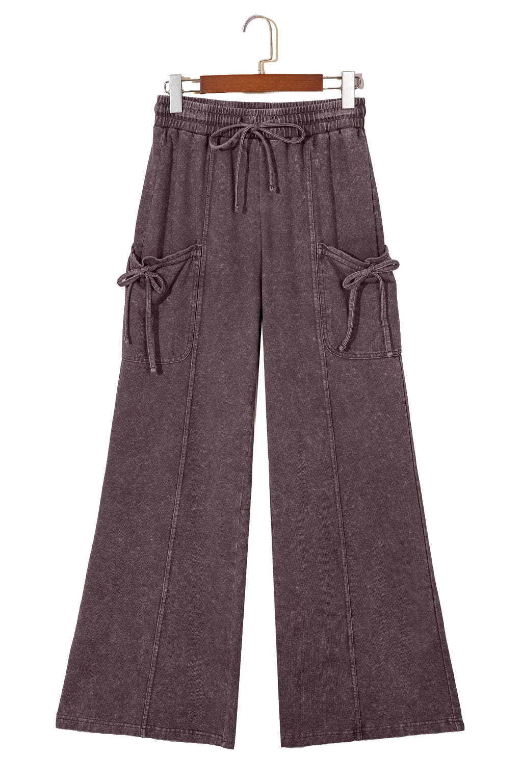 Dark Brown Cotton Mineral Wash Elastic Waist Drawstring Tie Detail Cargo Pants