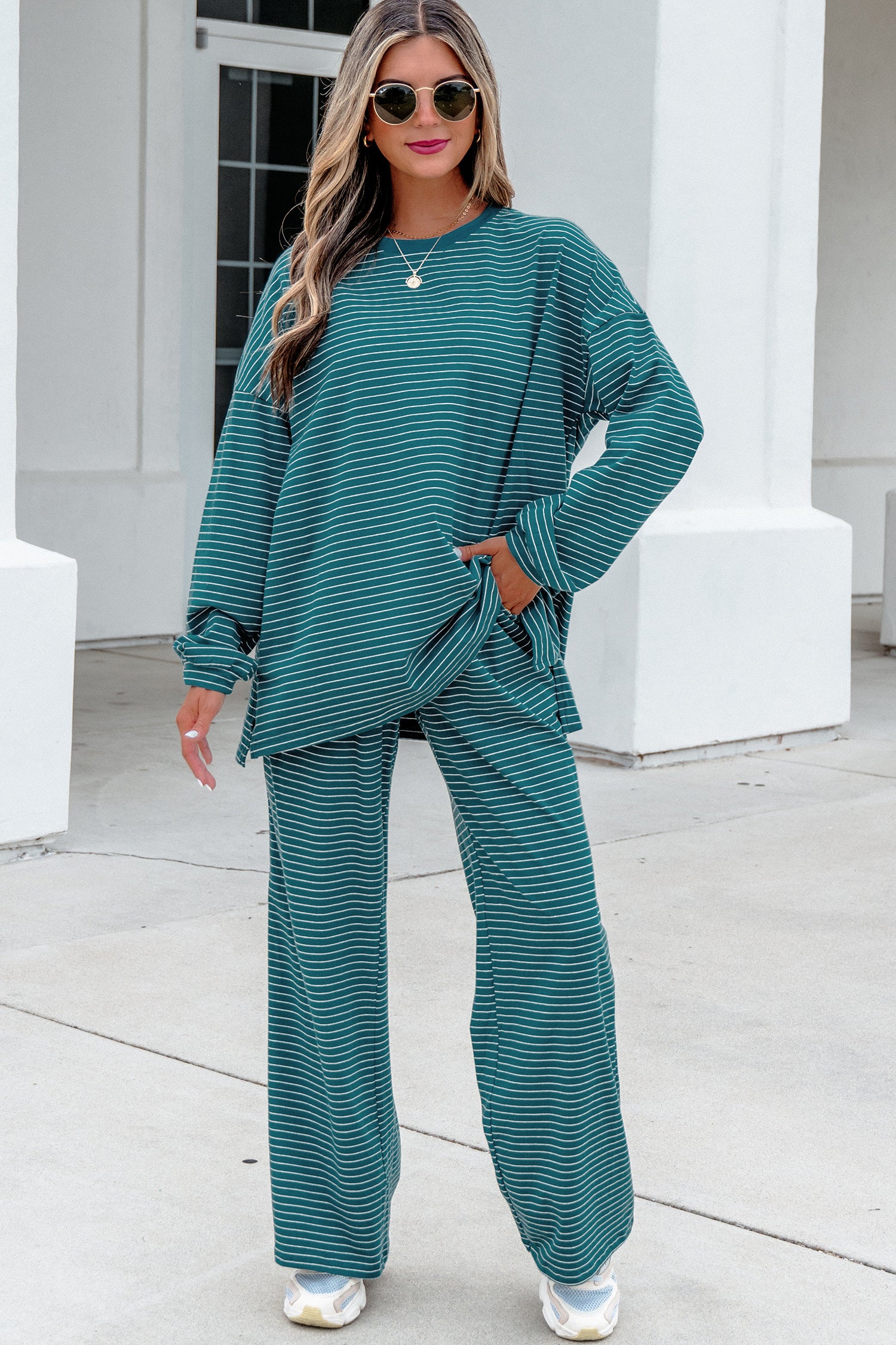 Green Stripe Dropped Shoulder Long Sleeve Top Elastic Waist Pants Casual 2pcs Set