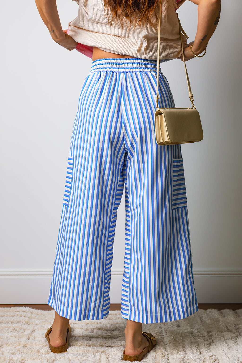 Sky Blue Stripe Drawstring Elastic Waist Patch Pocket Wide Leg Ankle-length Pants