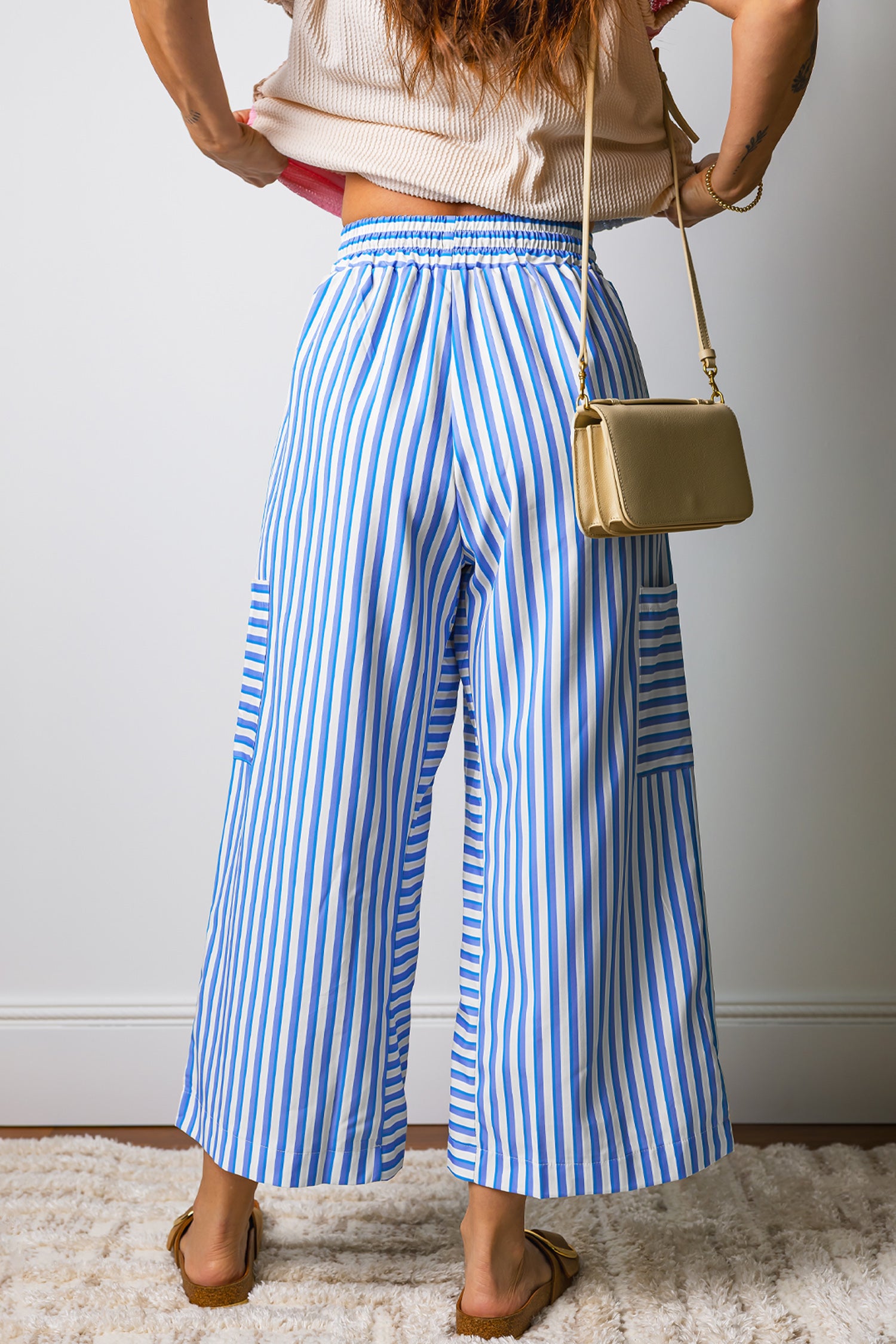 Sky Blue Stripe Drawstring Elastic Waist Patch Pocket Wide Leg Ankle-length Pants