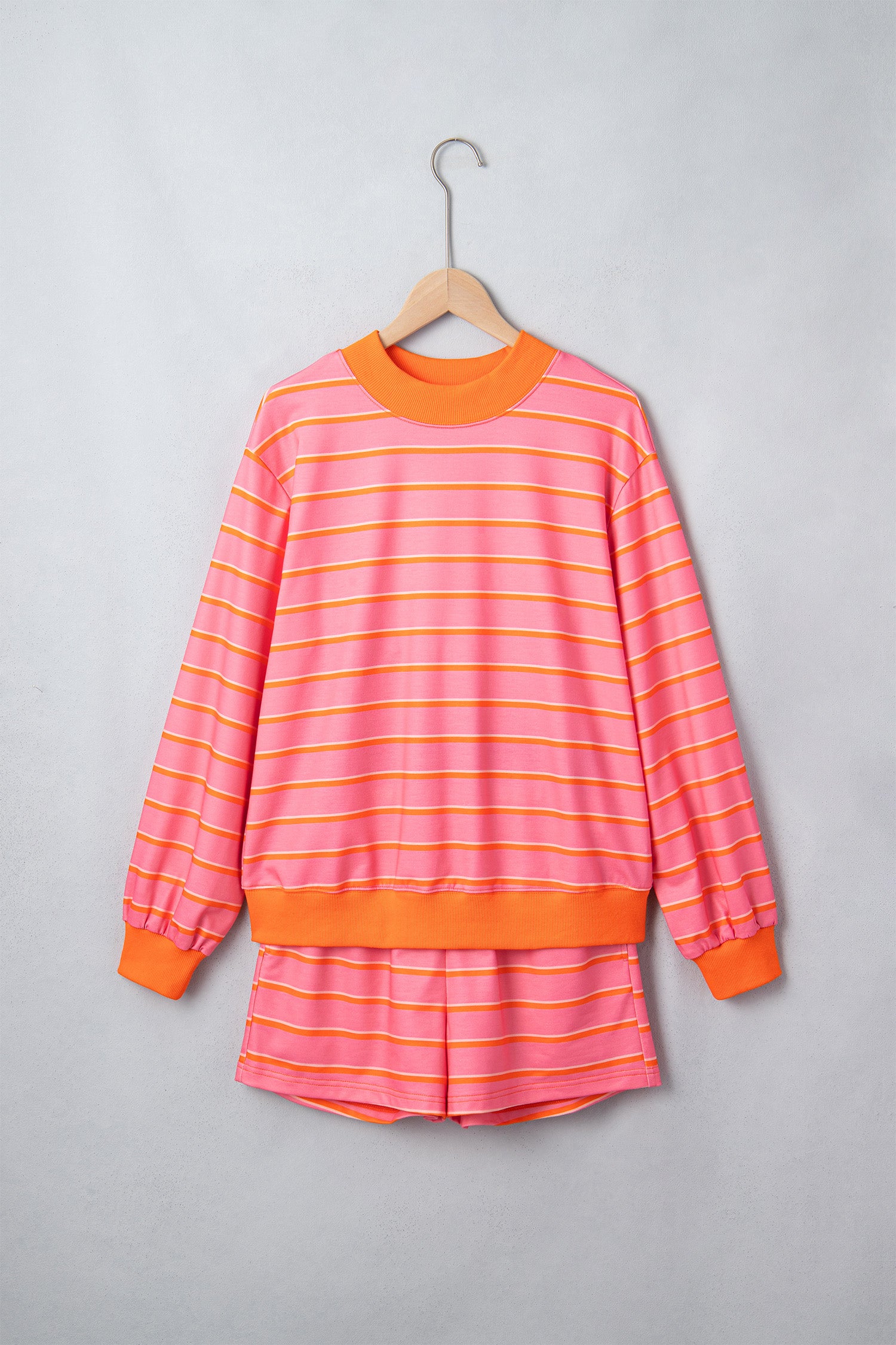 Rose Stripe Color Block Trim Long Sleeve Pullover Pocketed Shorts 2pcs Set