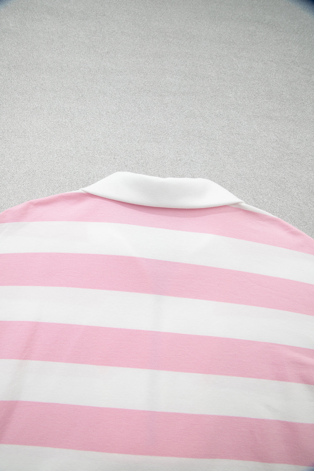 Pink Stripe Color Block Patchwork Zip Long Sleeve Top Elastic Waist Pants Set
