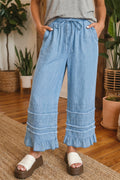 Beau Blue Ruffled Hem Wide Leg Chambray Pants