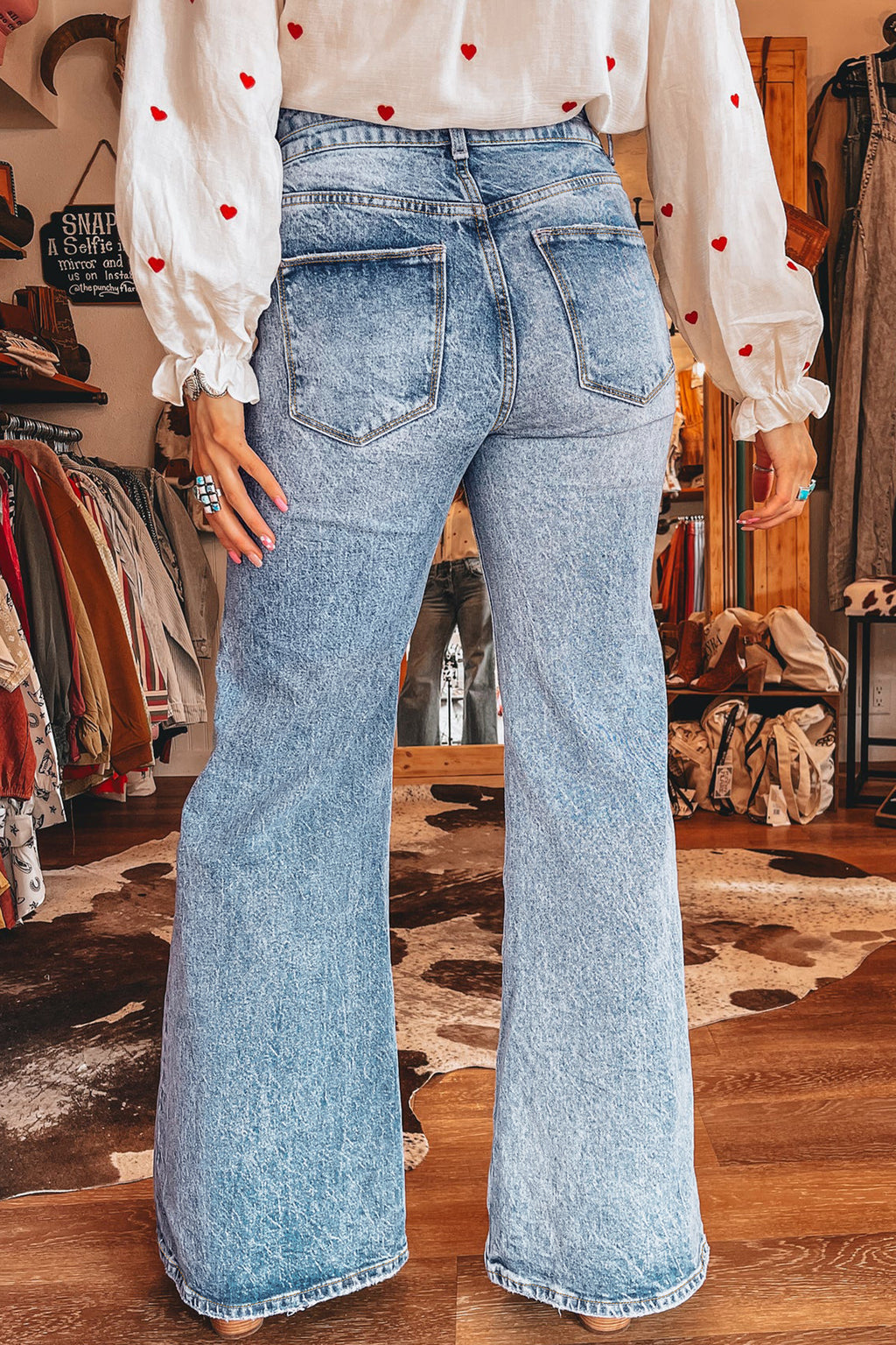 Sail Blue Acid Wash Pocket Detail Flare Jeans
