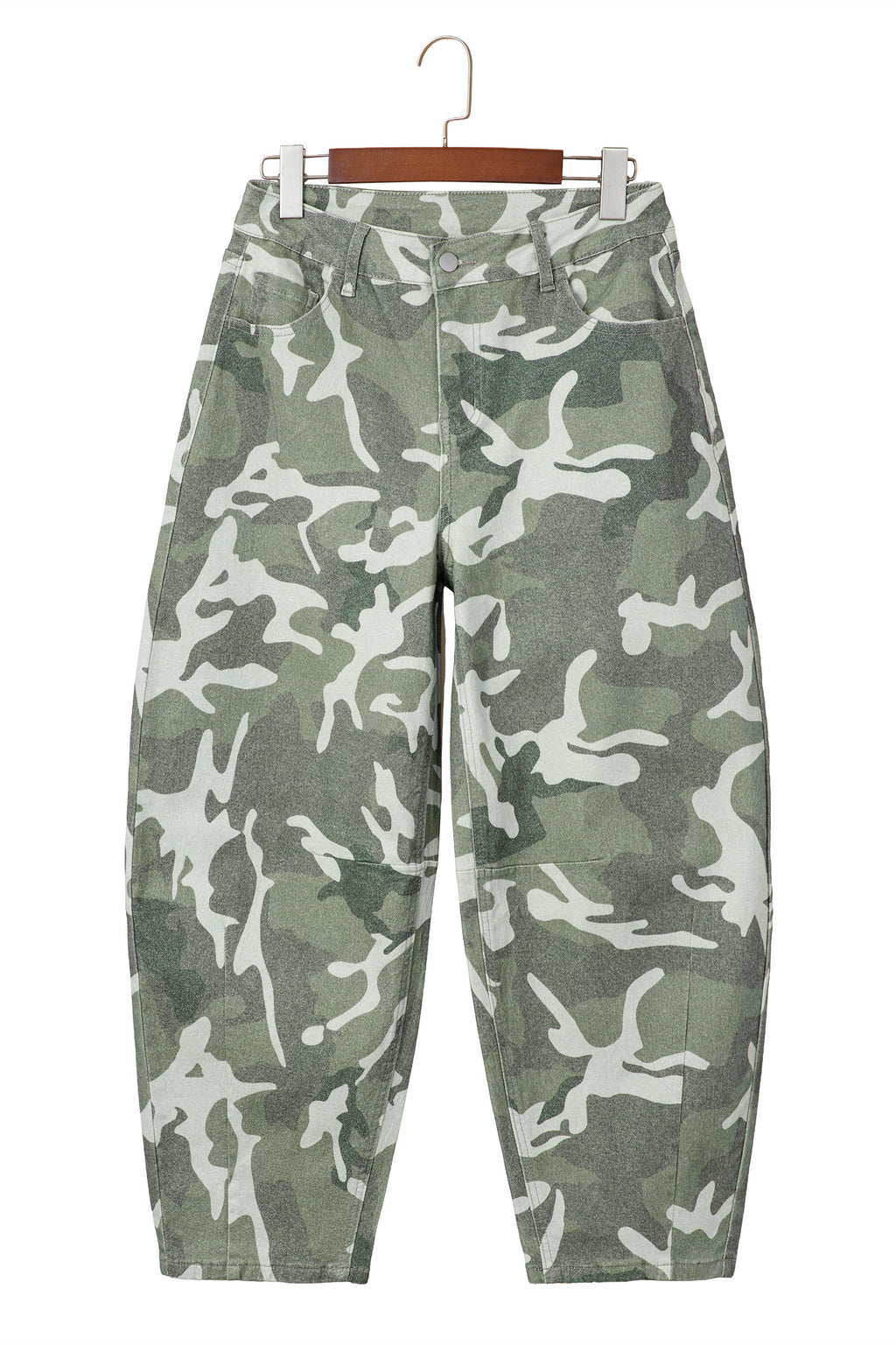 Green Camo Print Button Fly Straight Leg Ankle Length Jeans