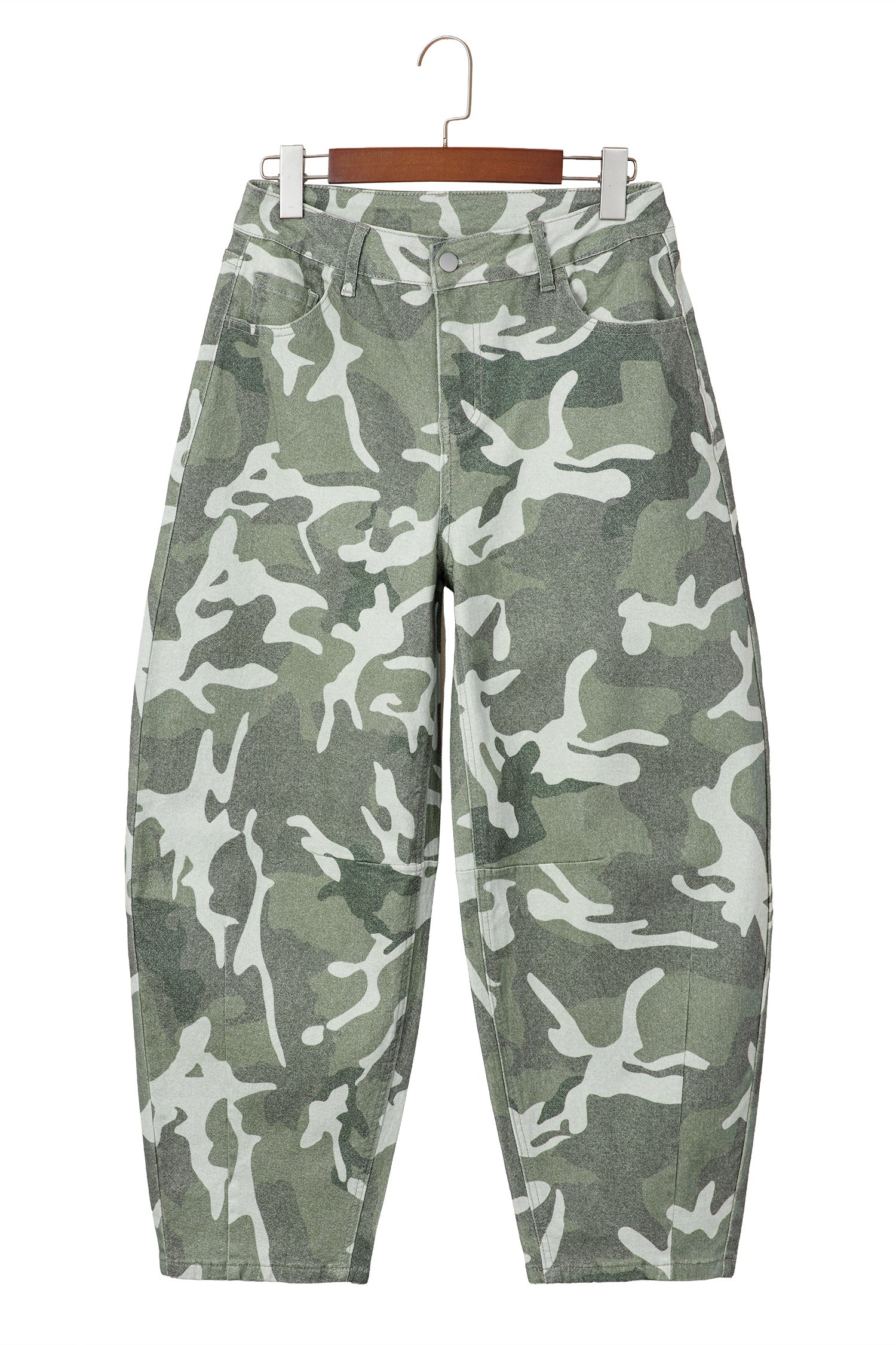 Green Camo Print Button Fly Straight Leg Ankle Length Jeans