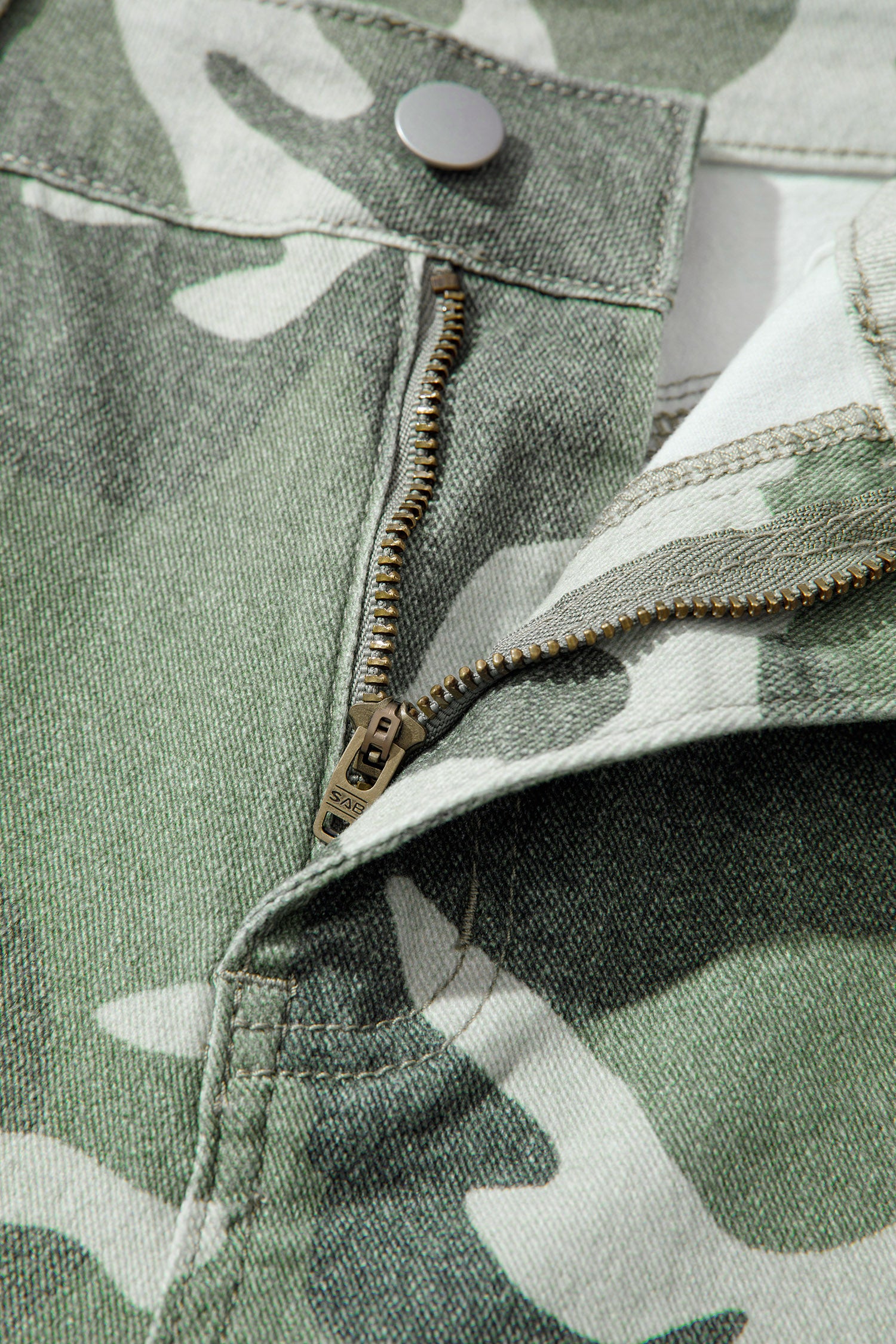 Green Camo Print Button Fly Straight Leg Ankle Length Jeans