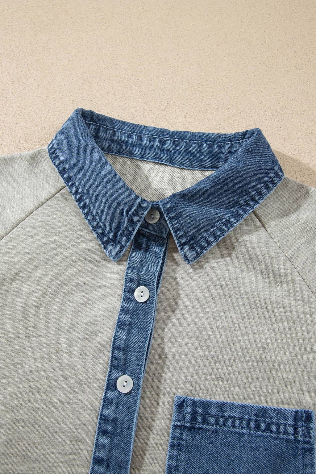 Sleet Denim Collar Patchwork Long Sleeve Pullover Top