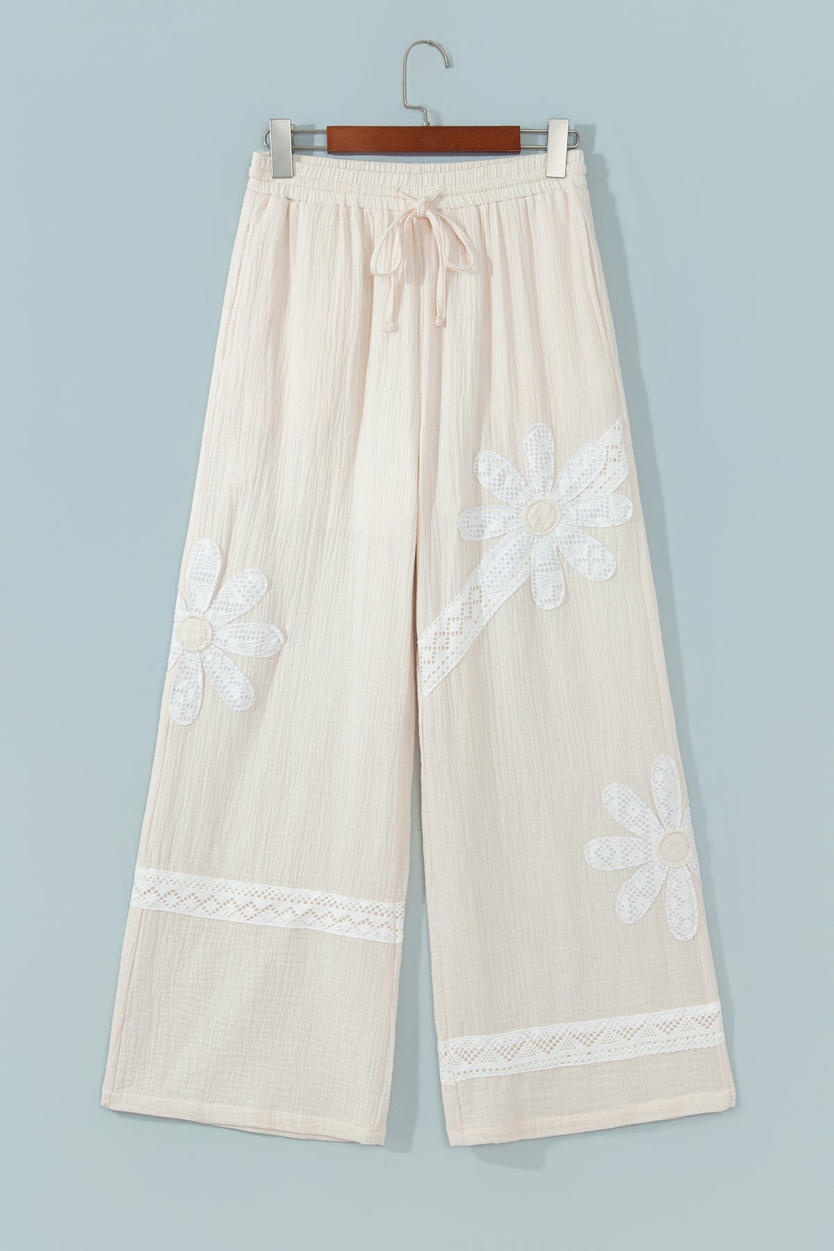 White Floral Lace Patchwork Boho Wide Leg Casual Pants