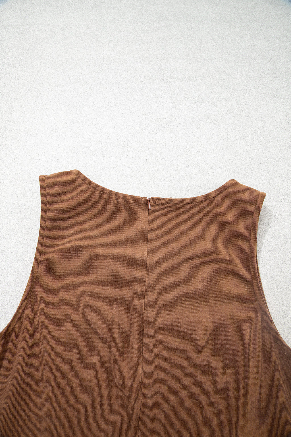 Coffee Geometric Embroidery Sleeveless Corduroy Shift Dress