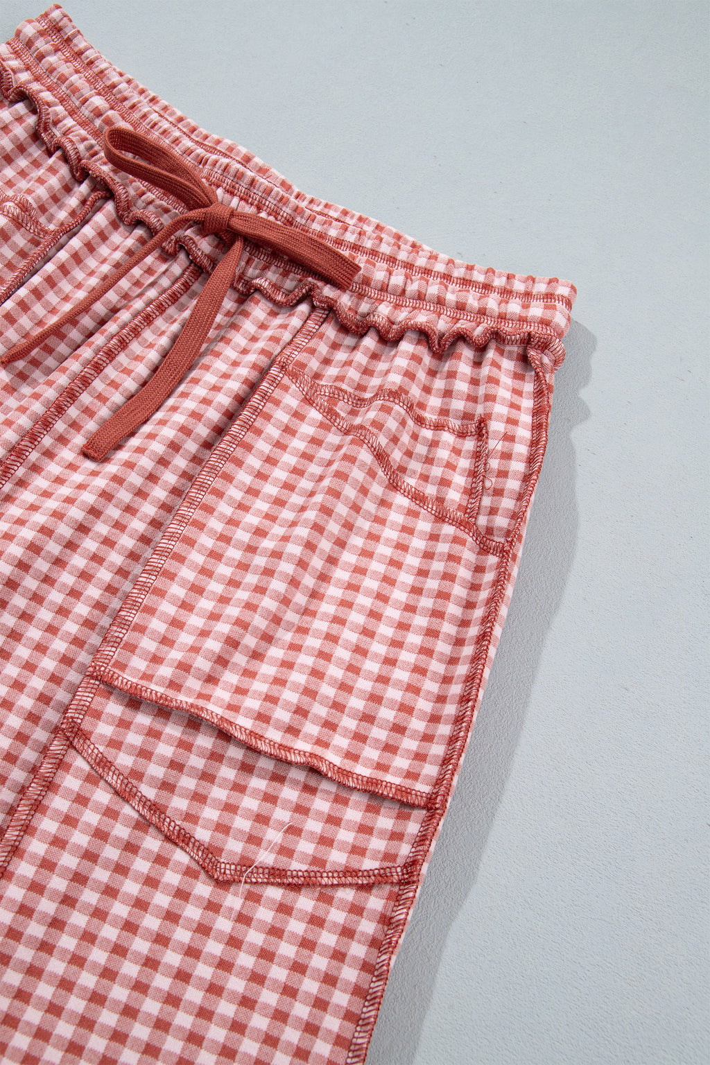 Red Plaid Contrast Trim Drawstring Elastic Waist Shift Pants