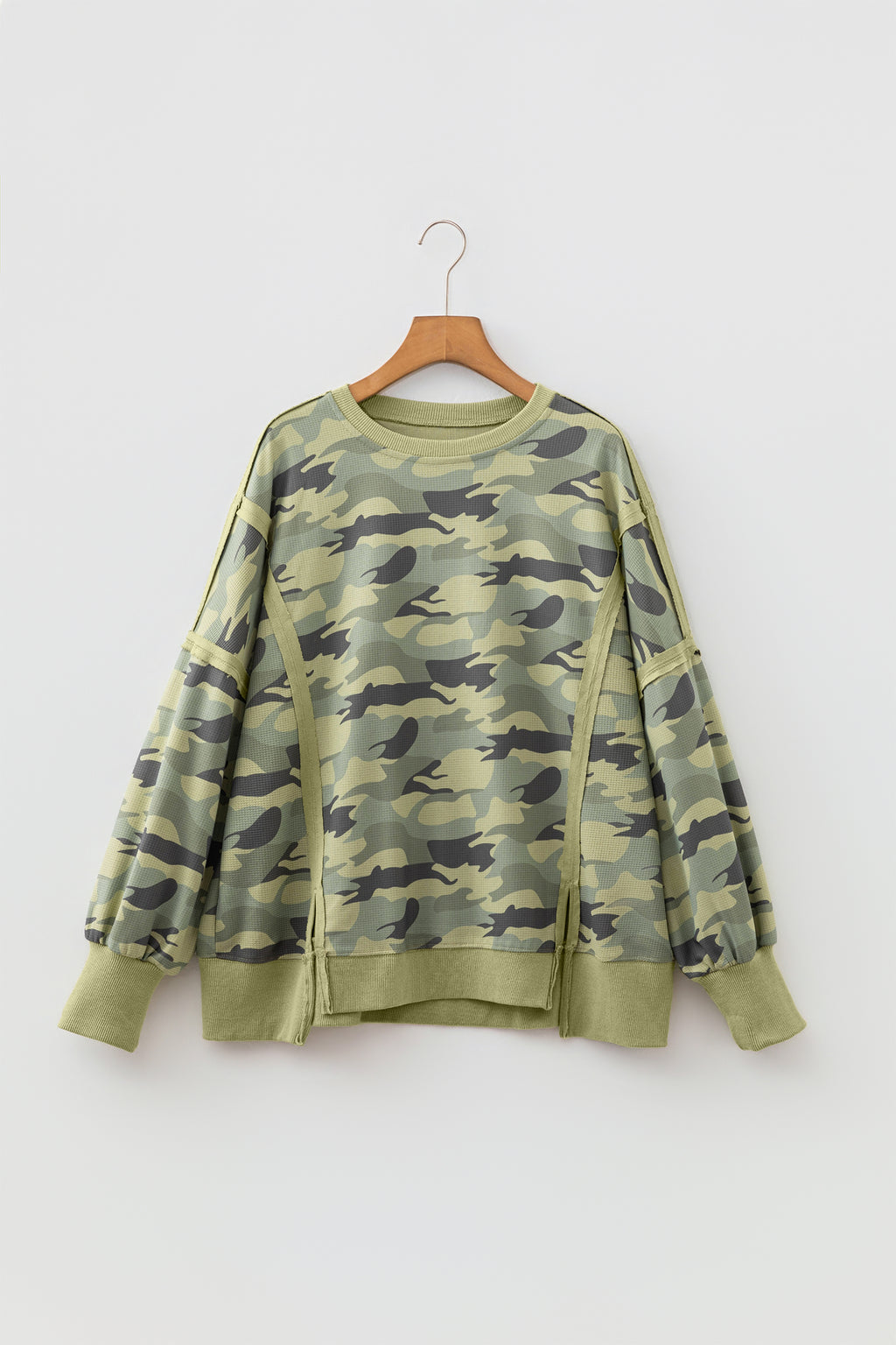 Green Camouflage Waffle Knit Raw Edge Contrast Trim Oversized Long Sleeve Top