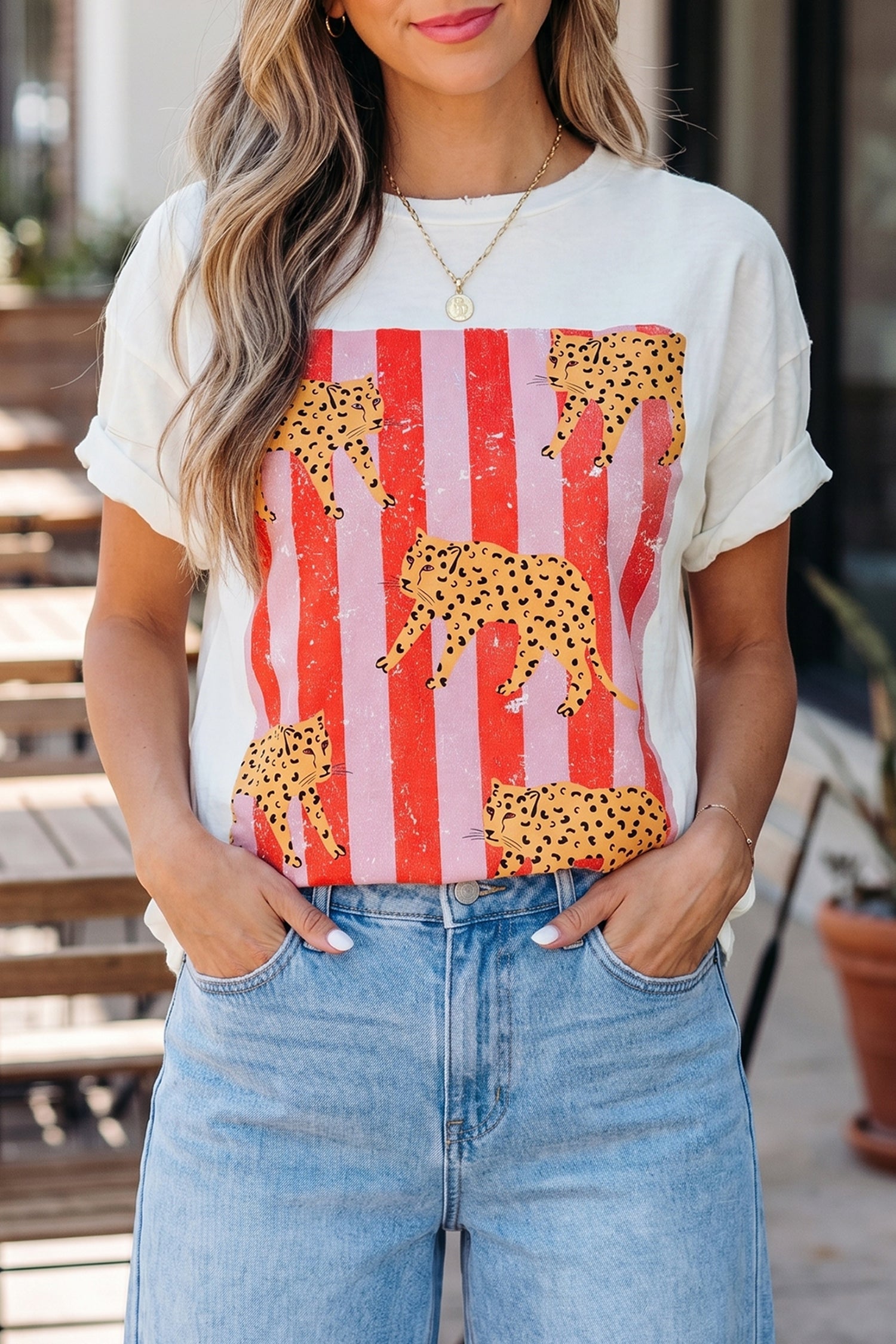 White Cheetah Striped Print Retro Fashion Graphic Tee