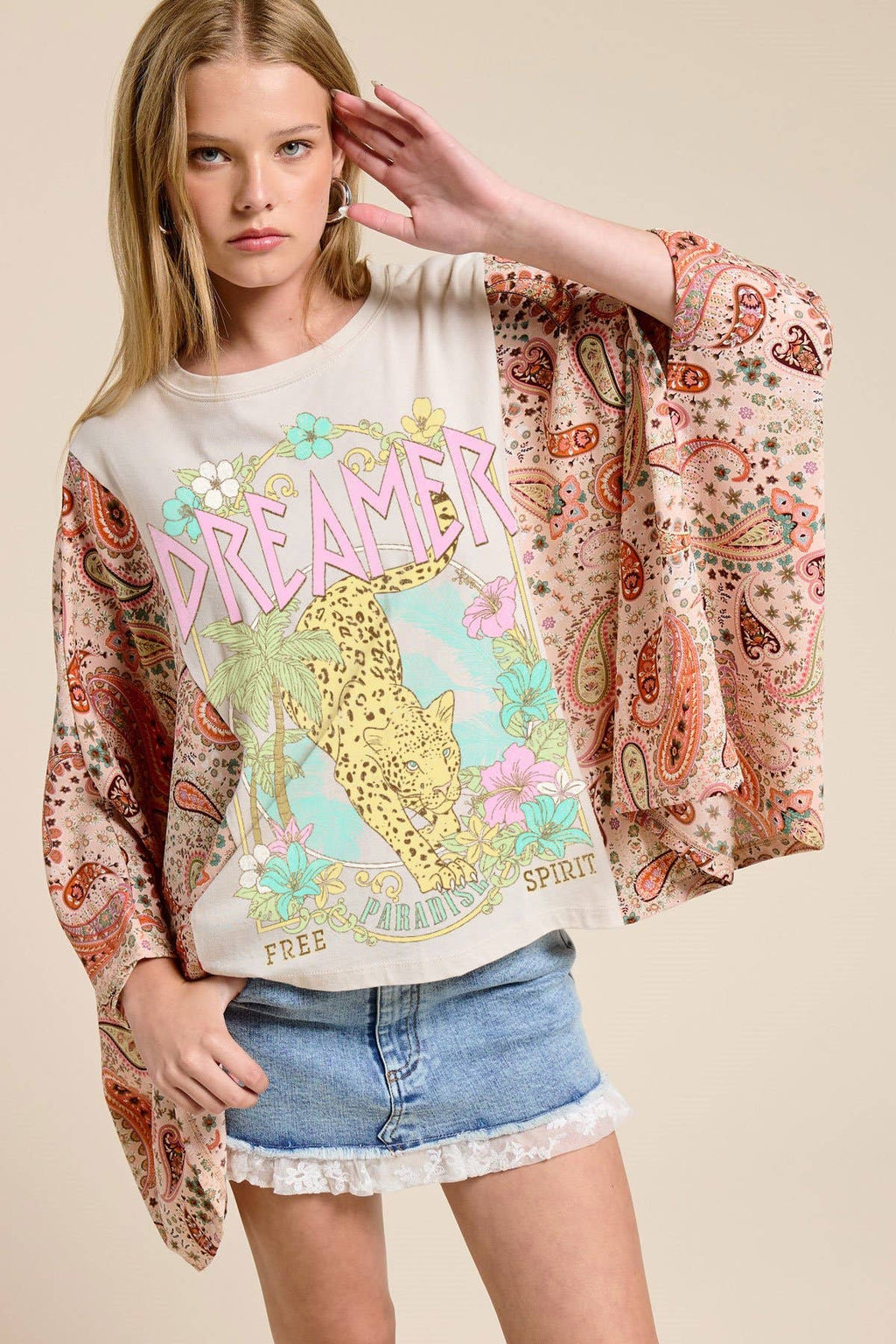 Dreamer Leopard Paradise Graphic Rustic Sheer Sleeves Kaftan