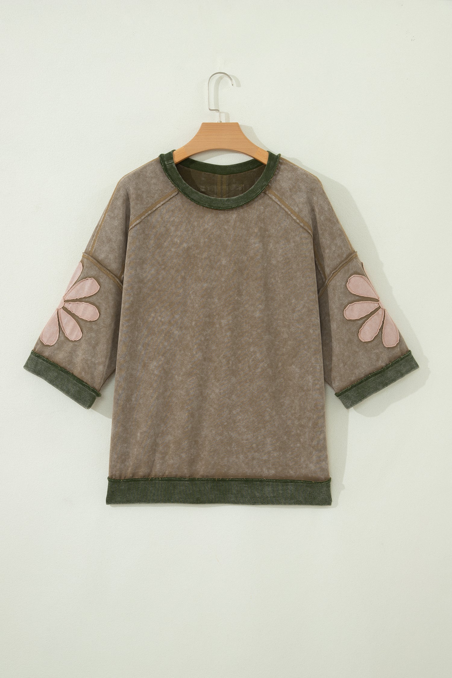 Breen Mineral Wash Raw Seam Patchwork Flower Patched 3/4 Sleeve Oversize Top